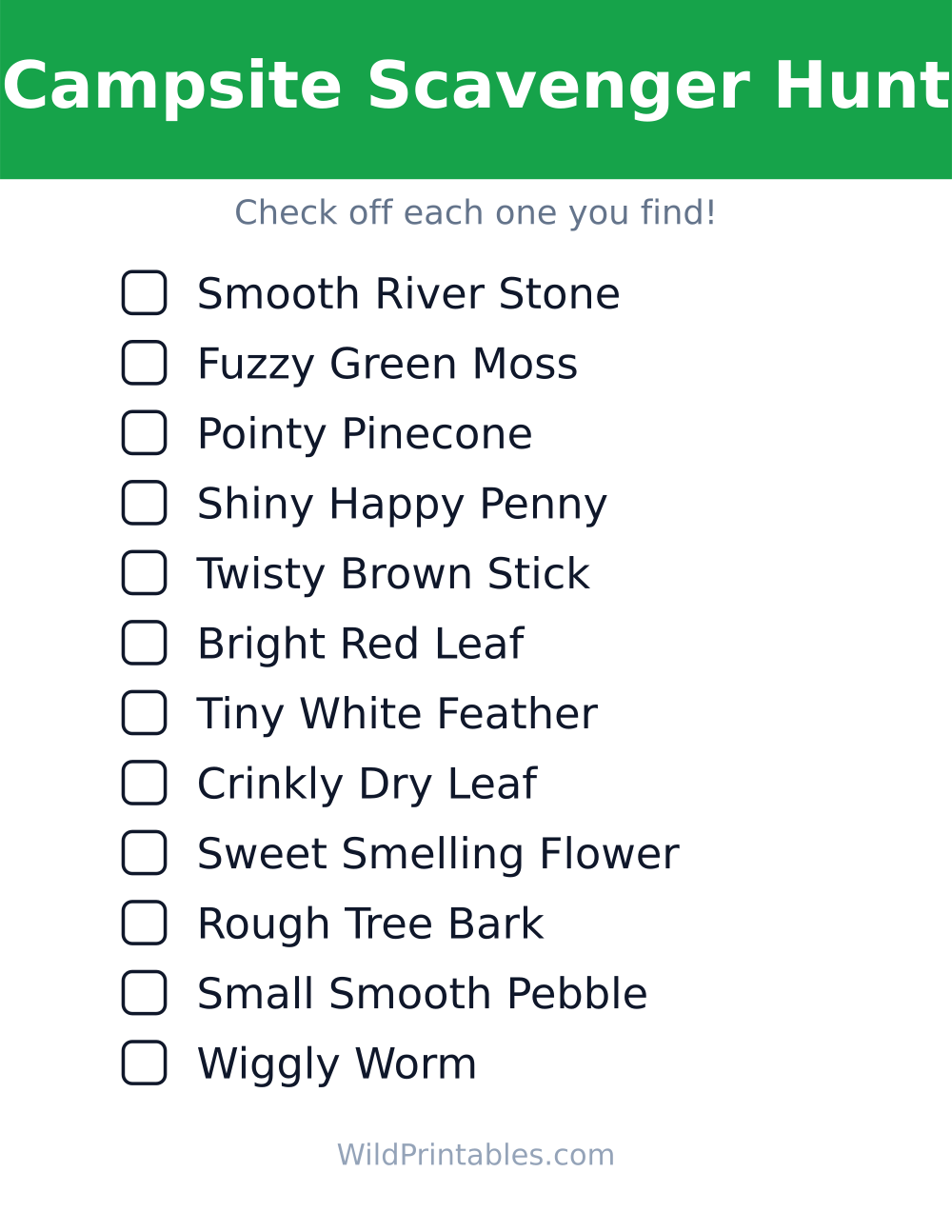 Campsite Scavenger Hunt — free printable scavenger hunt for kids