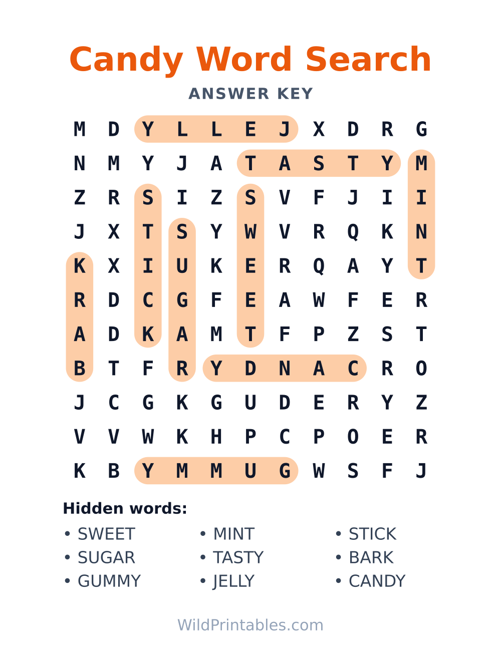 Candy Word Search — answer key