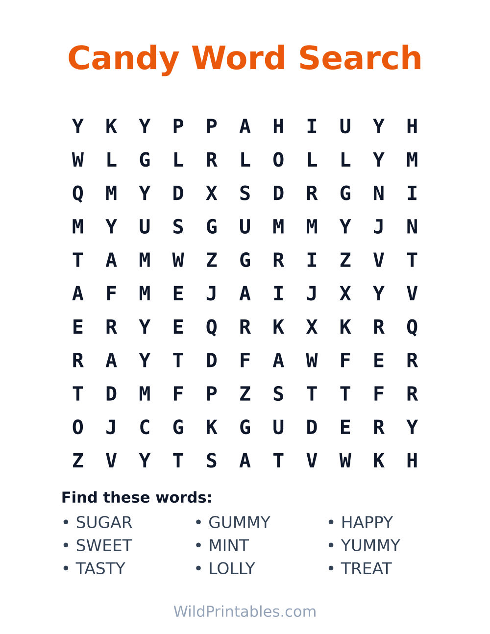 Candy Word Search — free printable word search for kids to print and color at home