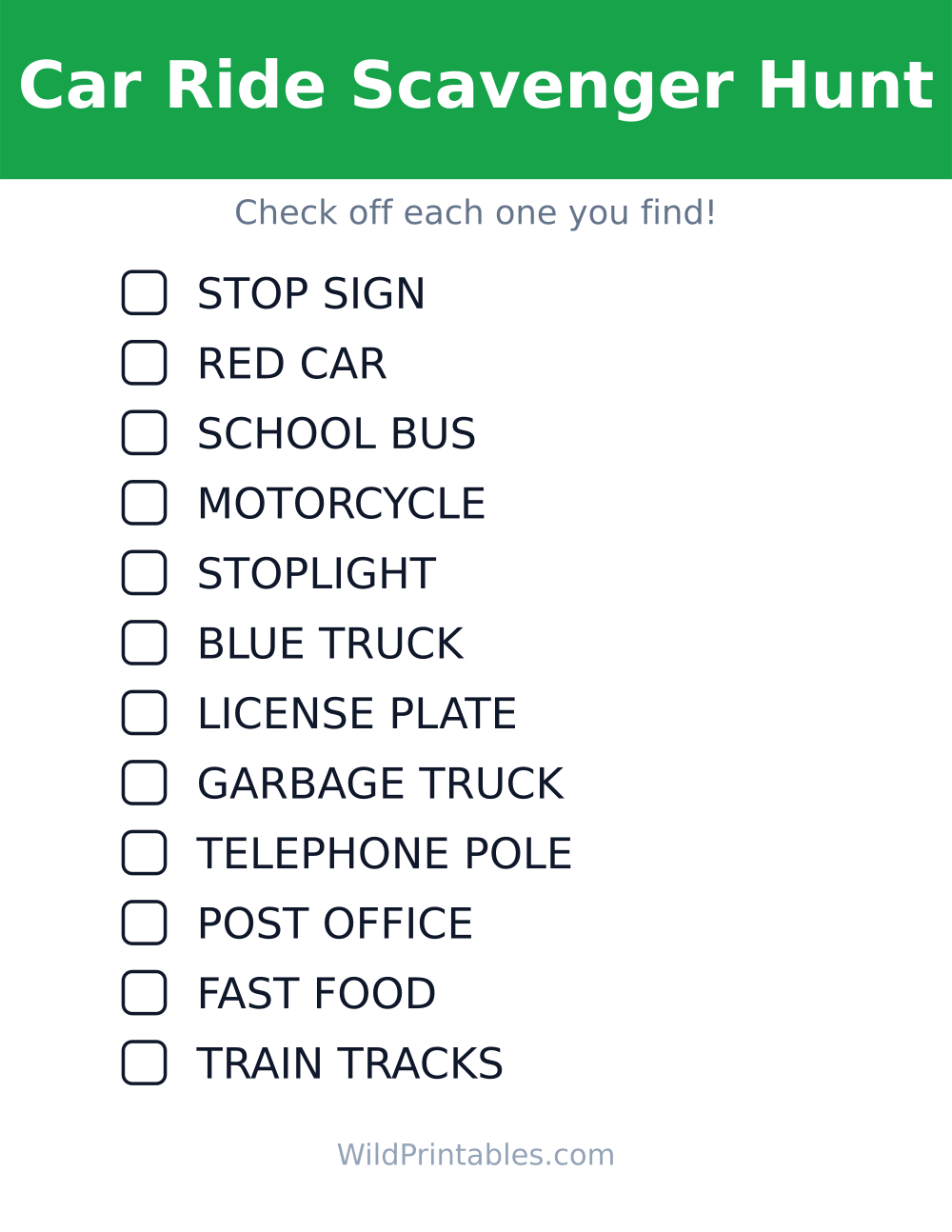 Car Ride Scavenger Hunt — free printable scavenger hunt for kids