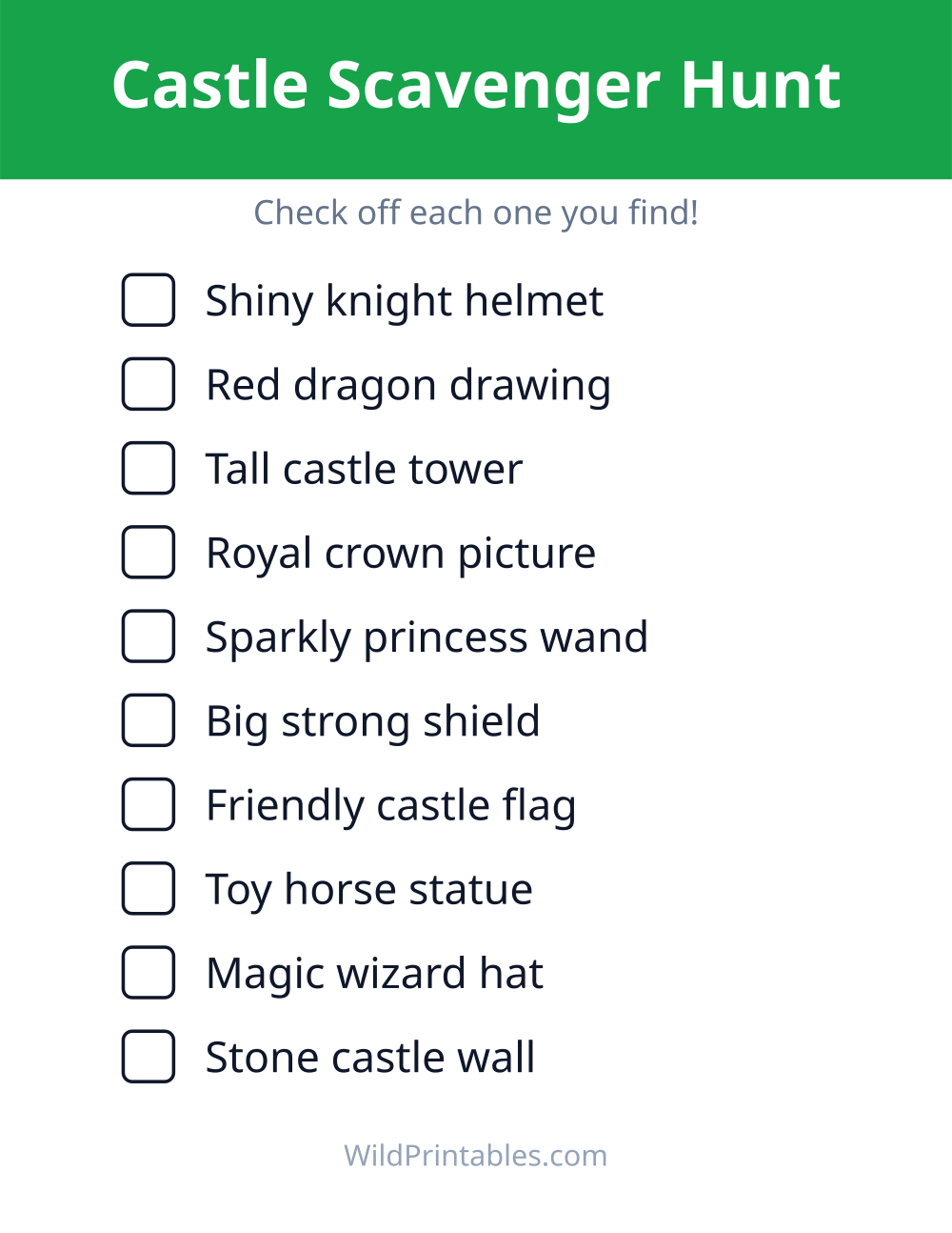 Castle Scavenger Hunt — free printable scavenger hunt for kids