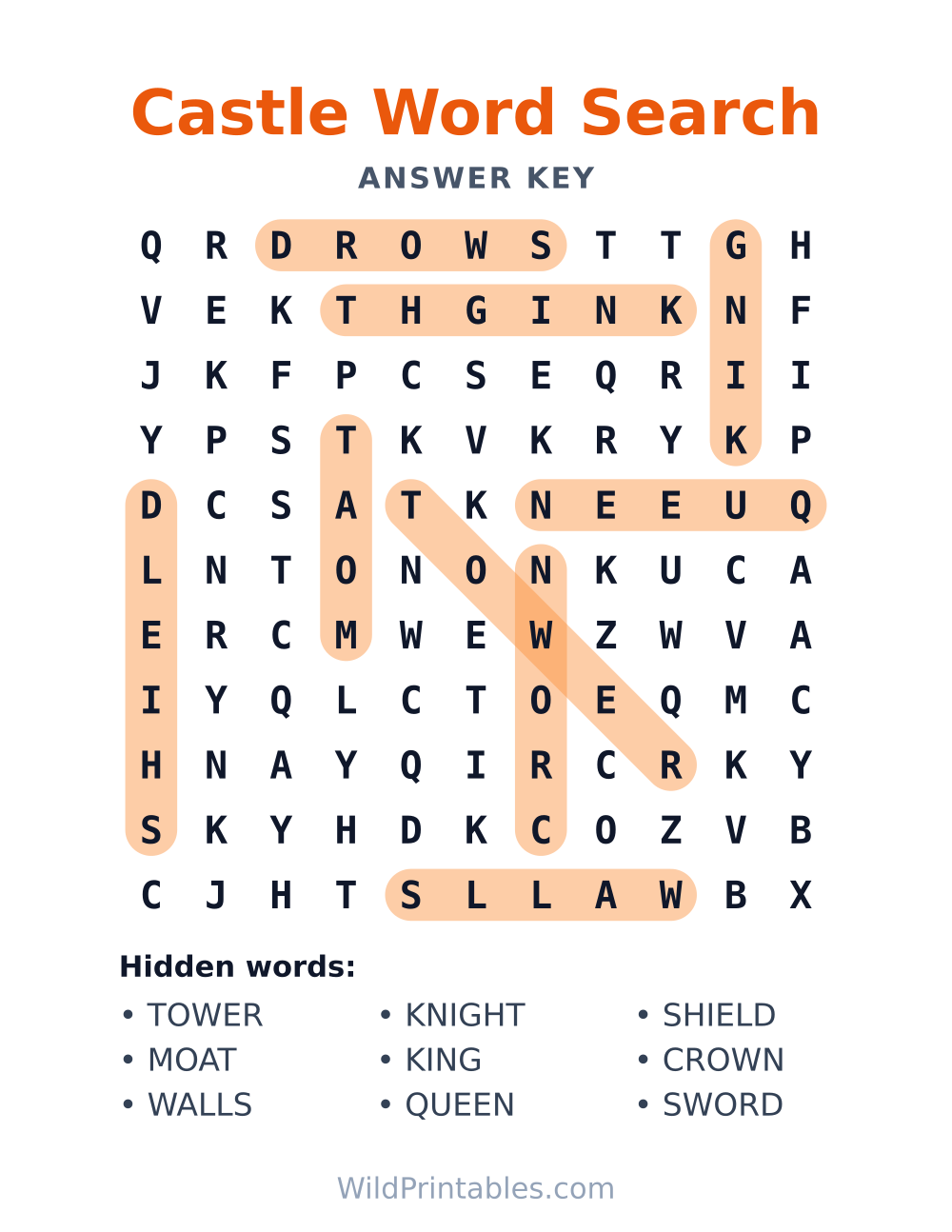 Castle Word Search — answer key