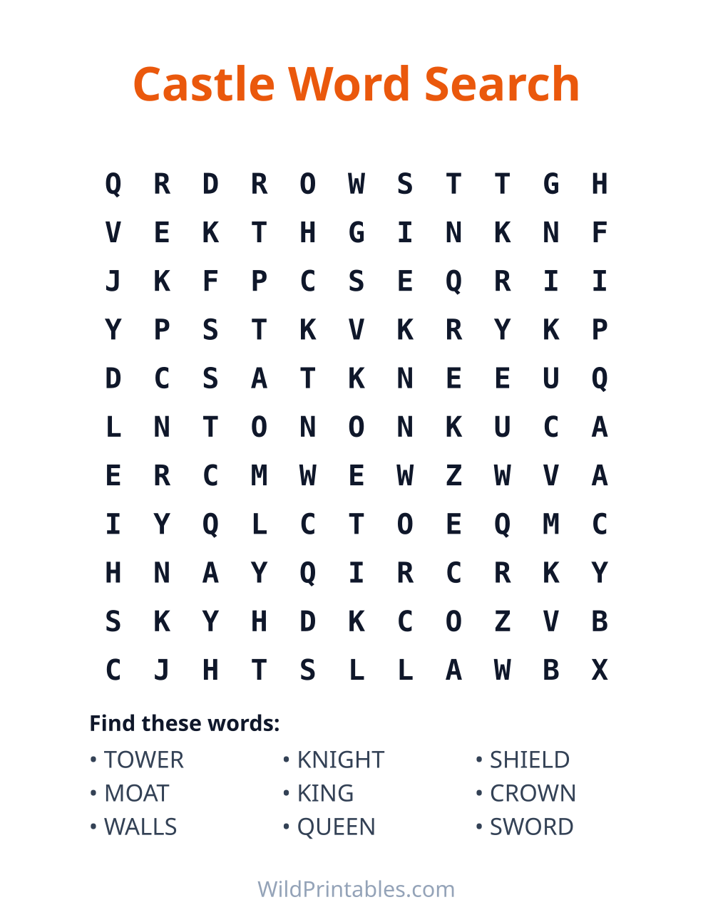 Castle Word Search — free printable word search for kids