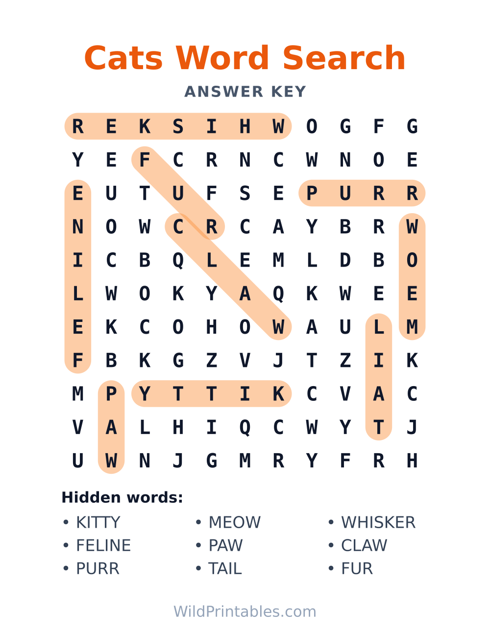 Cats Word Search — answer key