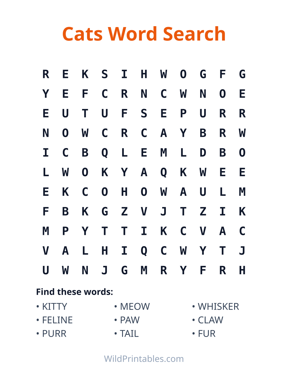 Cats Word Search — free printable word search for kids to print and color at home