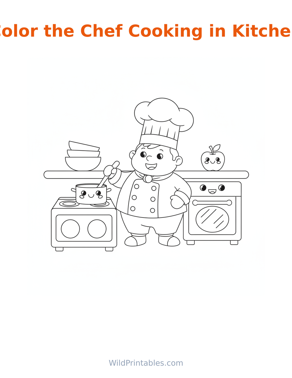 Chef Cooking in Kitchen Coloring Page — free printable coloring for kids