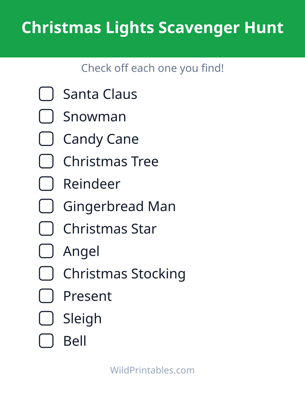 Christmas Lights Scavenger Hunt — free printable scavenger hunt for kids to print and color at home