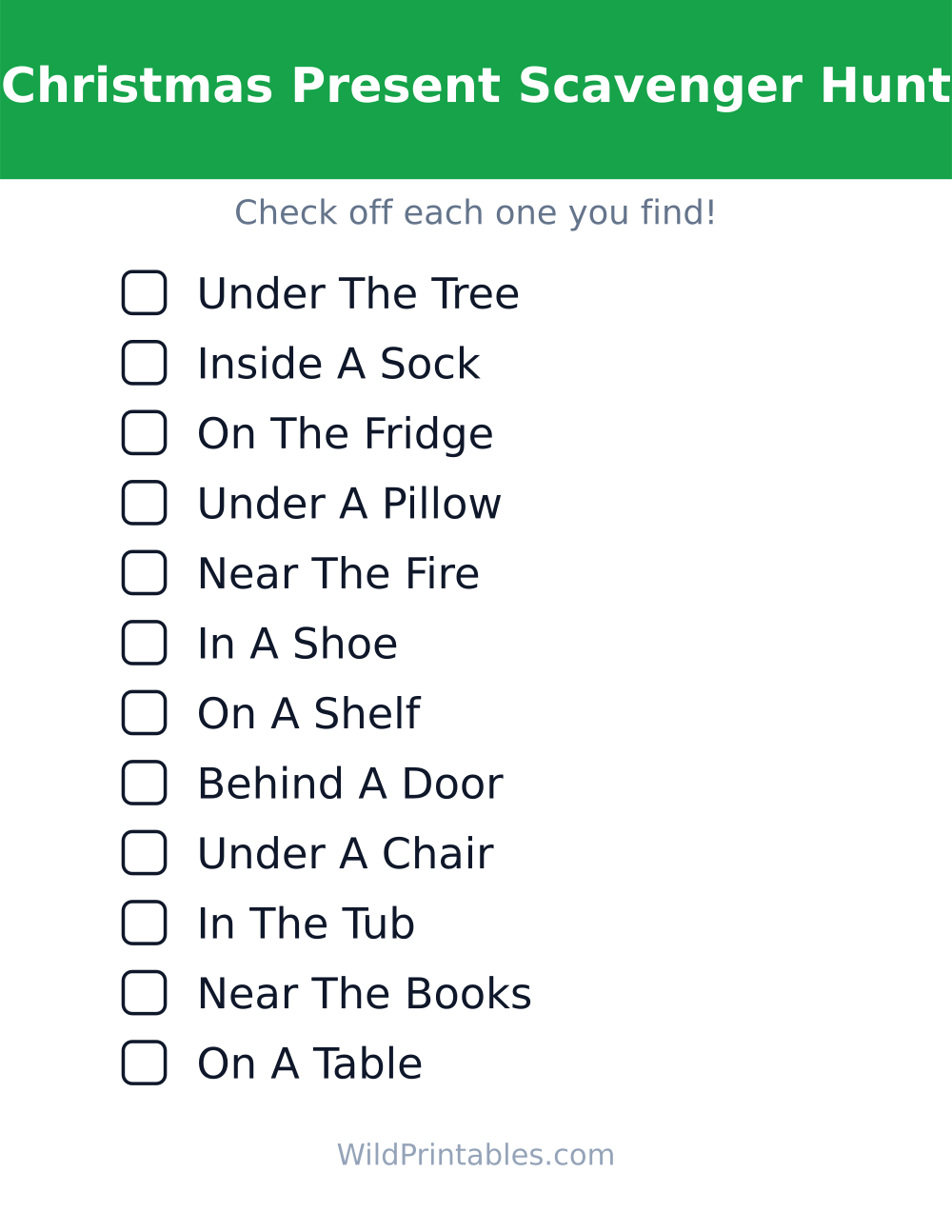 Christmas Present Scavenger Hunt — free printable scavenger hunt for kids to print and color at home