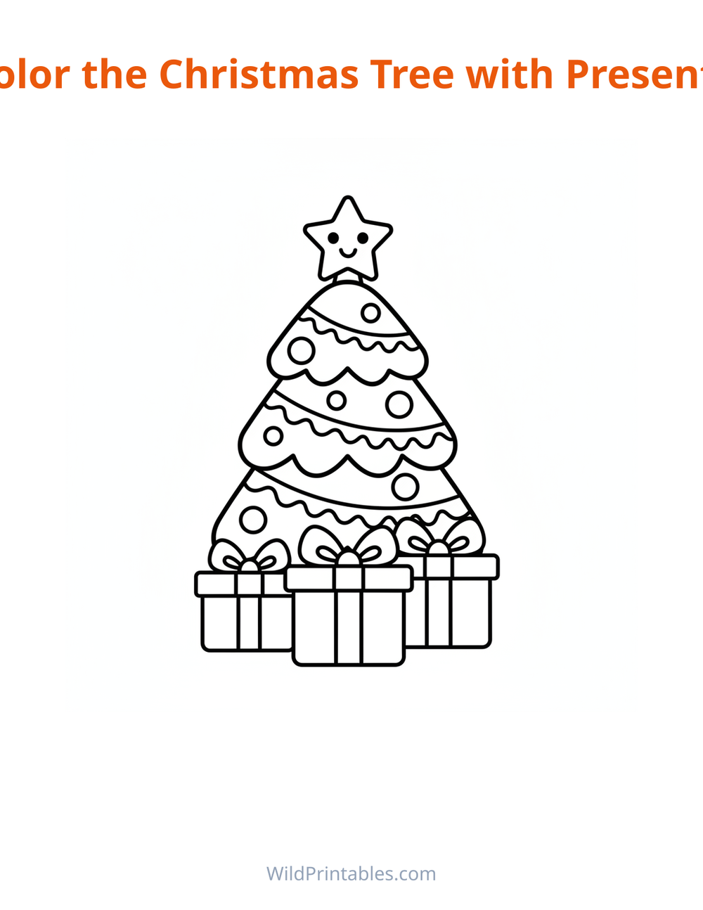 Christmas Tree with Presents Coloring Page — free printable coloring for kids to print and color at home