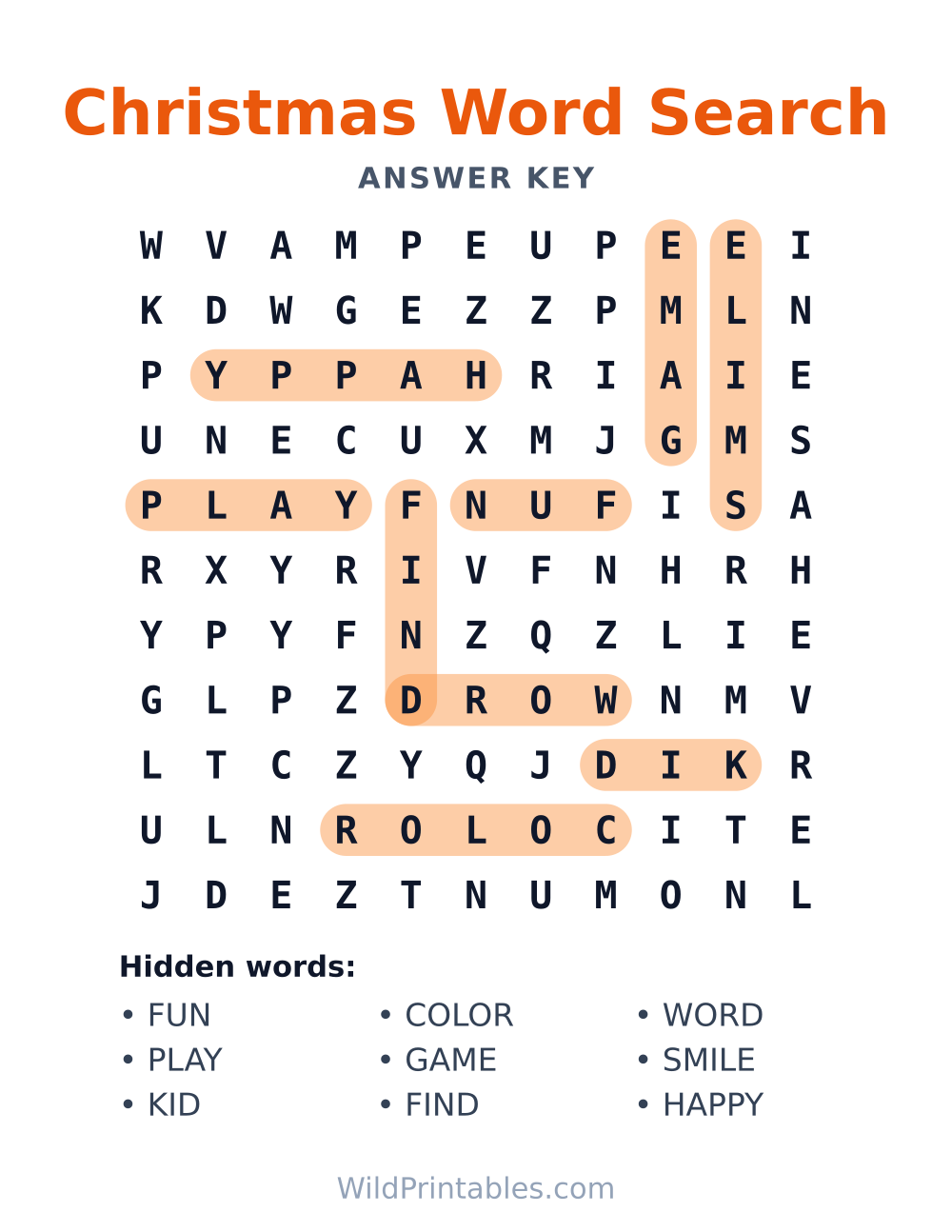 Christmas Word Search — answer key