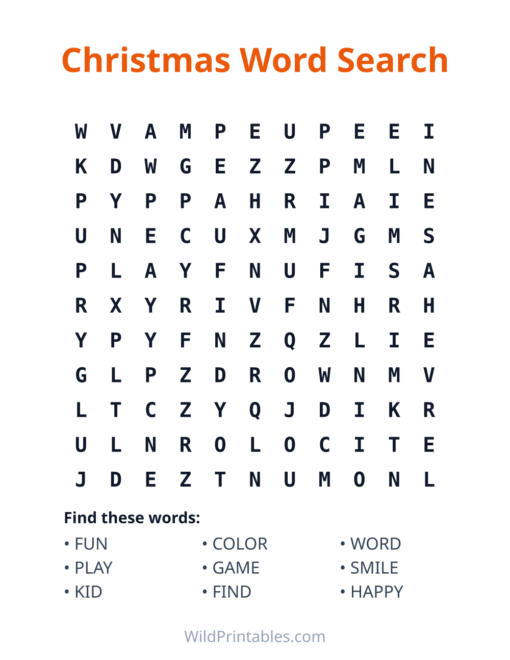 Christmas Word Search — free printable word search for kids