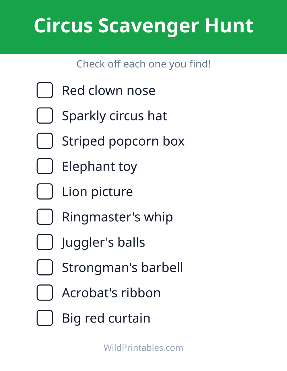 Circus Scavenger Hunt — free printable scavenger hunt for kids