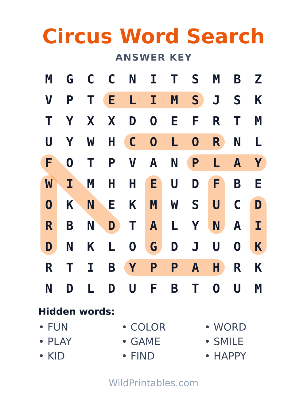 Circus Word Search — answer key