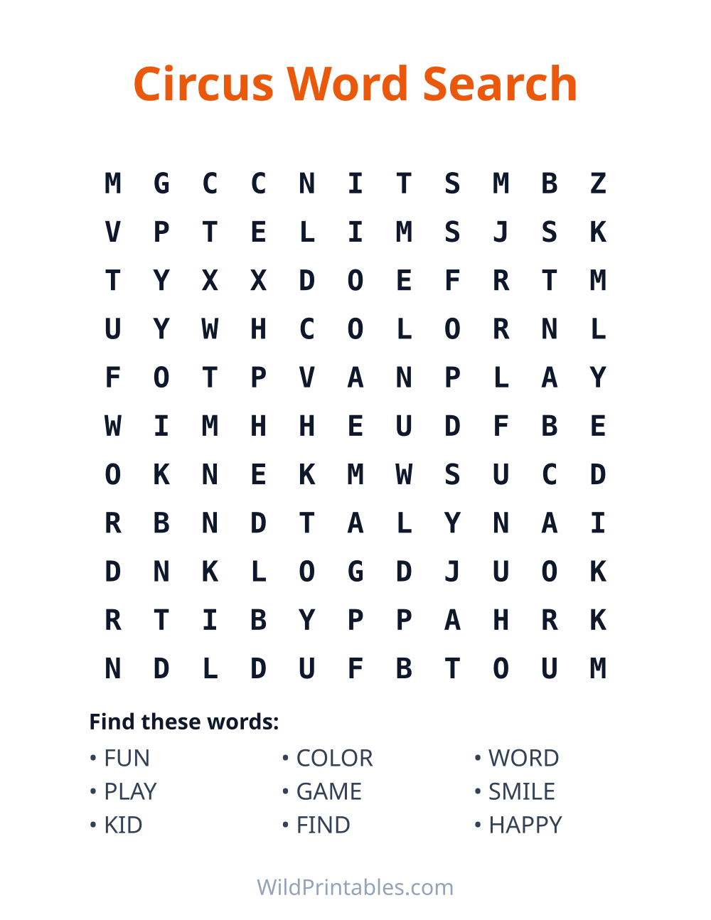 Circus Word Search — free printable word search for kids