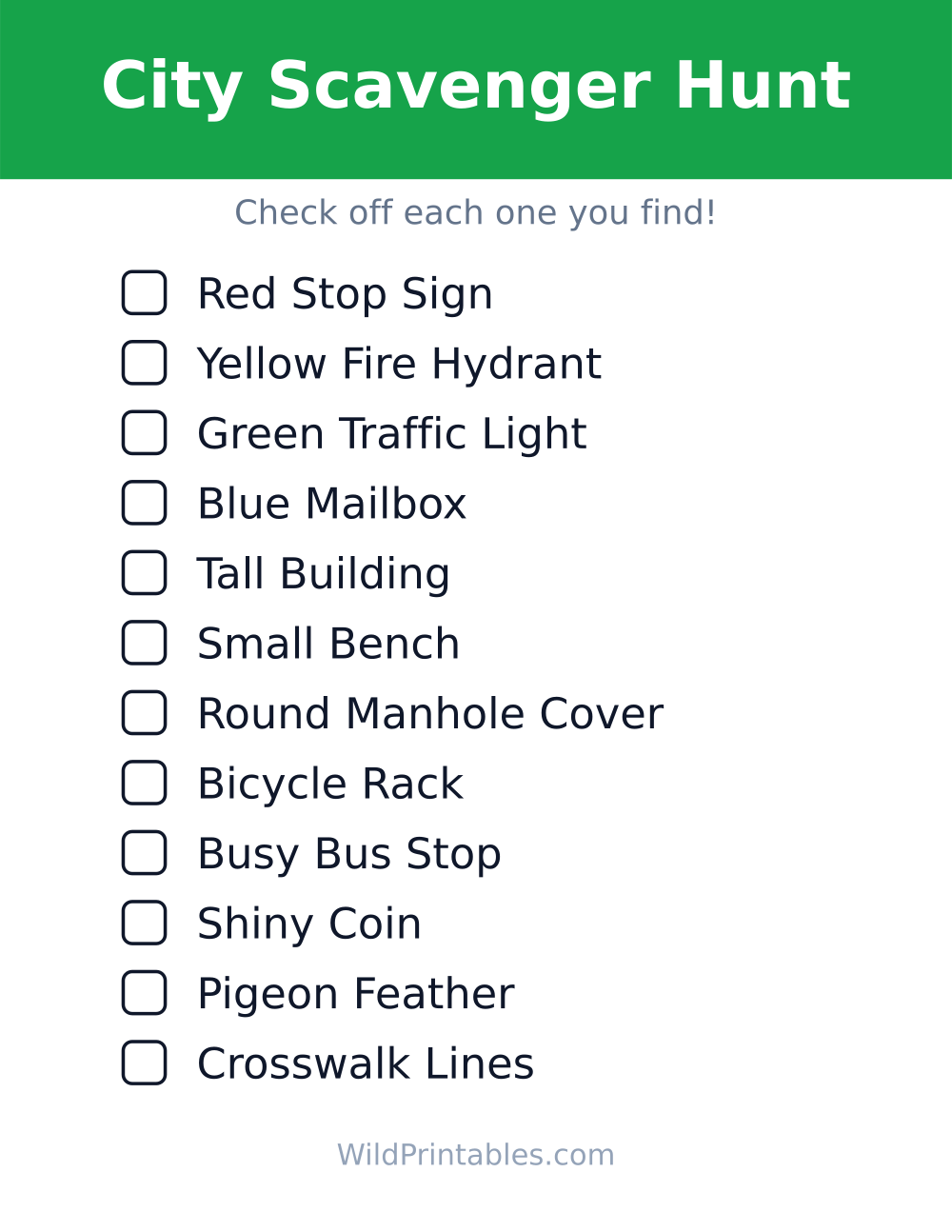 City Scavenger Hunt — free printable scavenger hunt for kids
