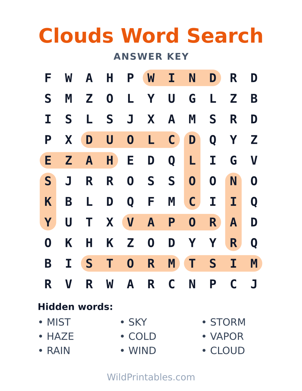 Clouds Word Search — answer key