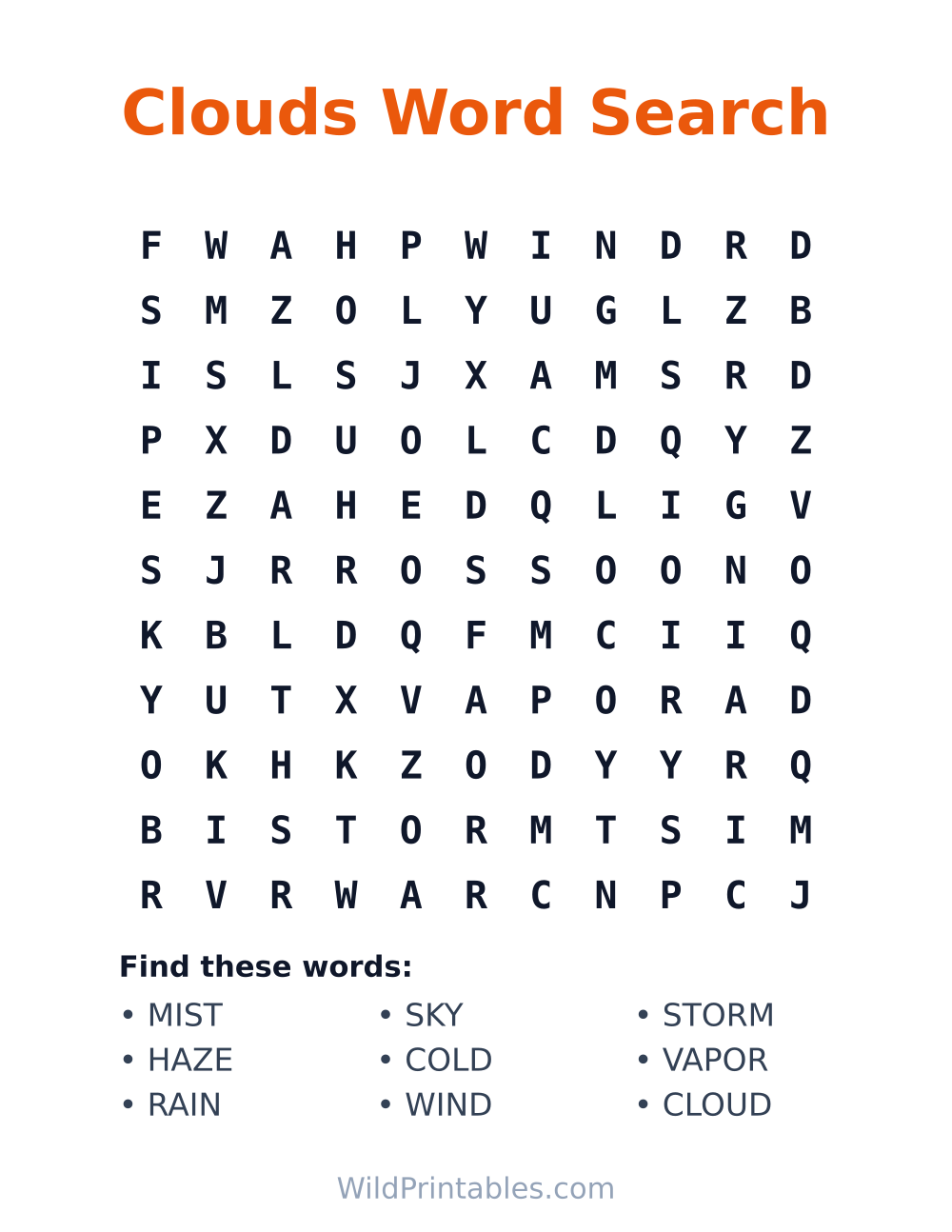 Clouds Word Search — free printable word search for kids