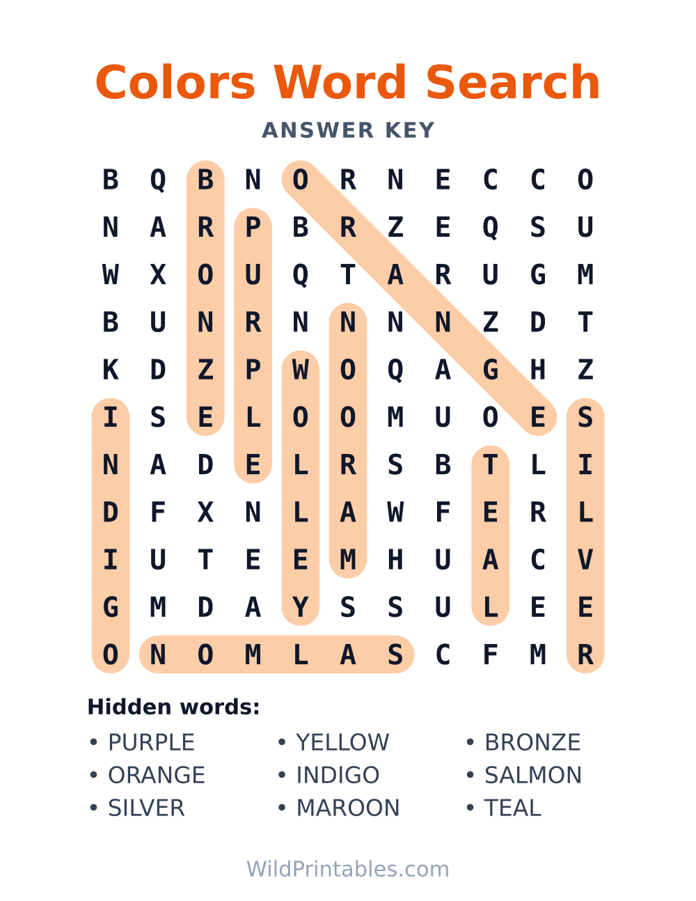 Colors Word Search — answer key