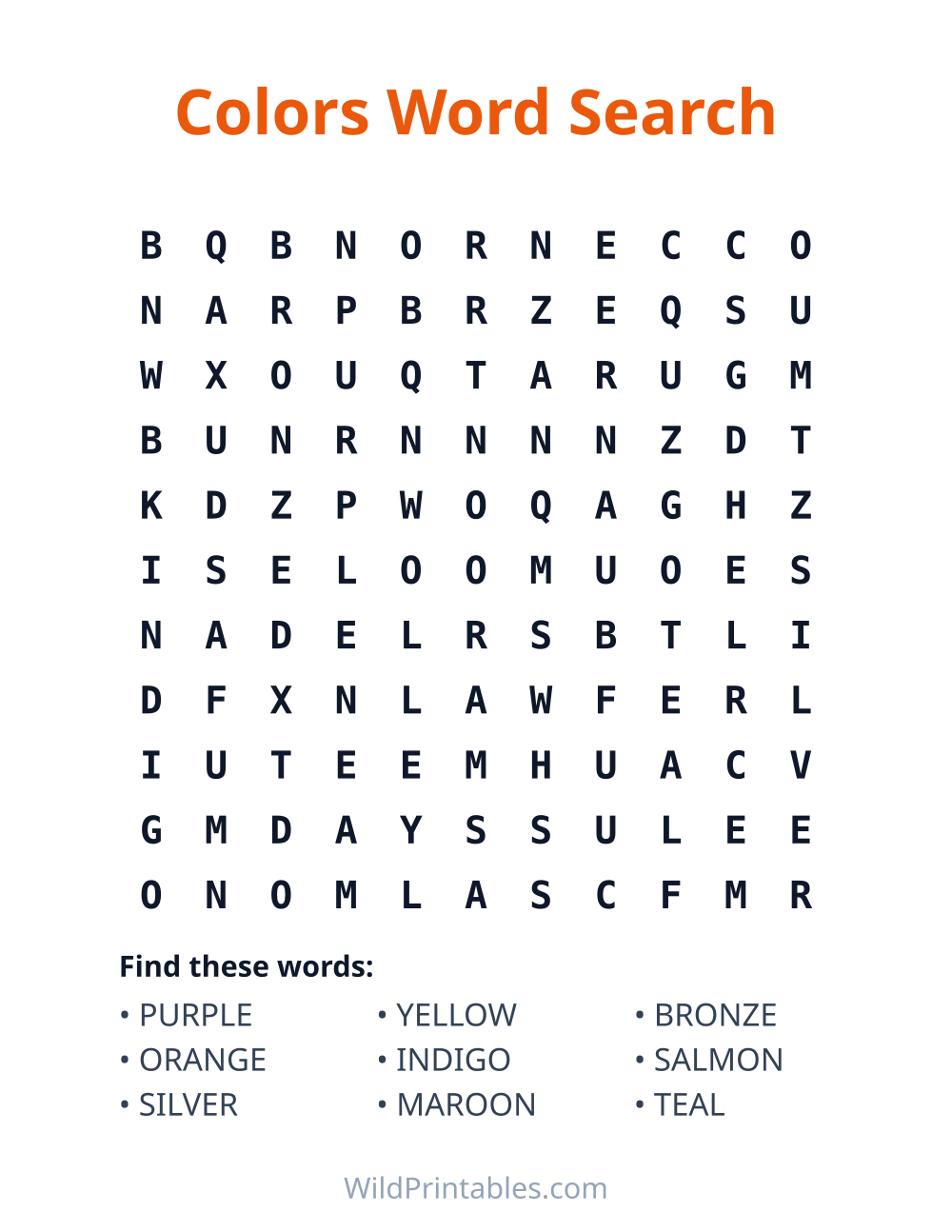 Colors Word Search — free printable word search for kids to print and color at home
