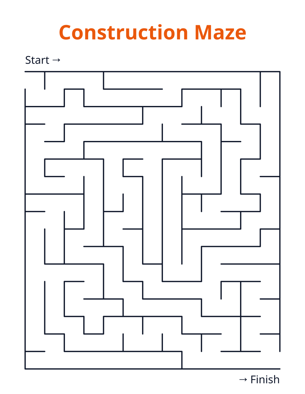Construction Maze — free printable maze for kids to print and color at home