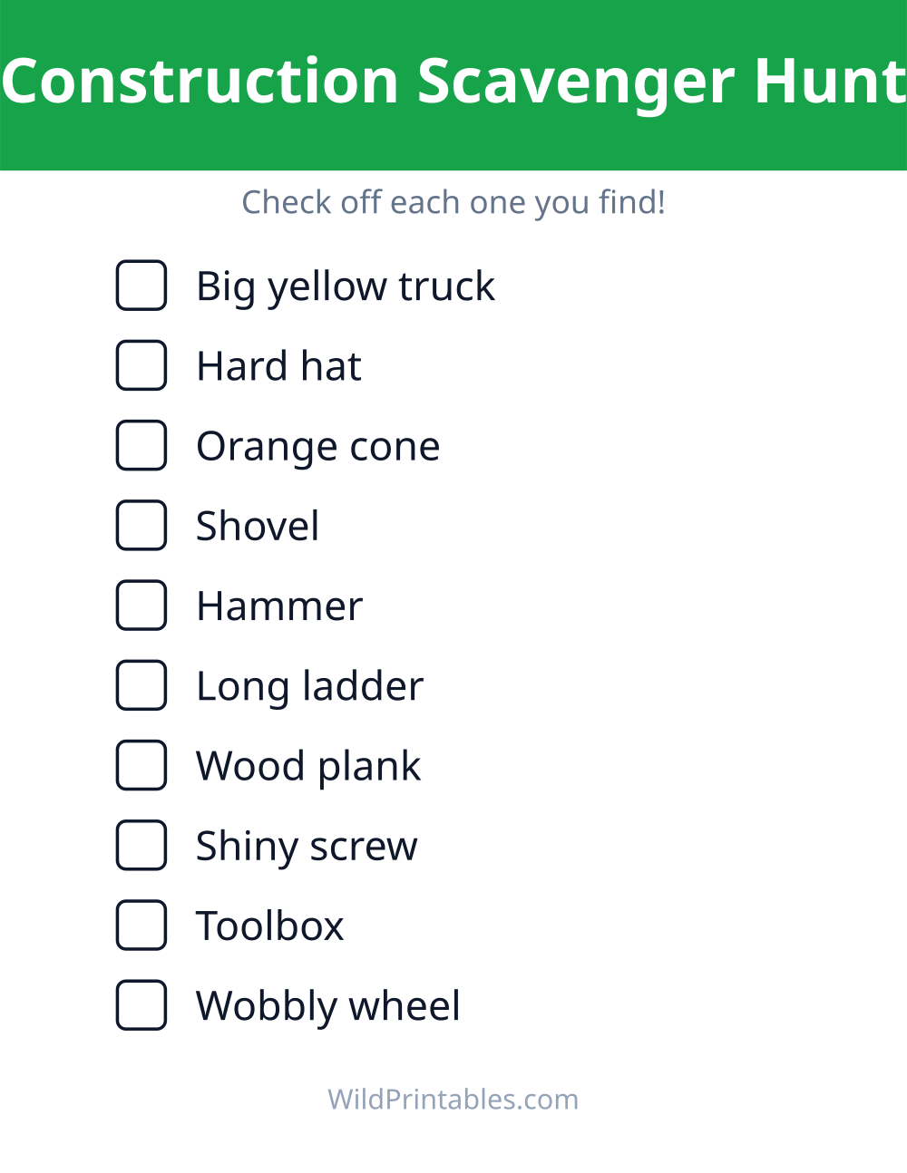 Construction Scavenger Hunt — free printable scavenger hunt for kids