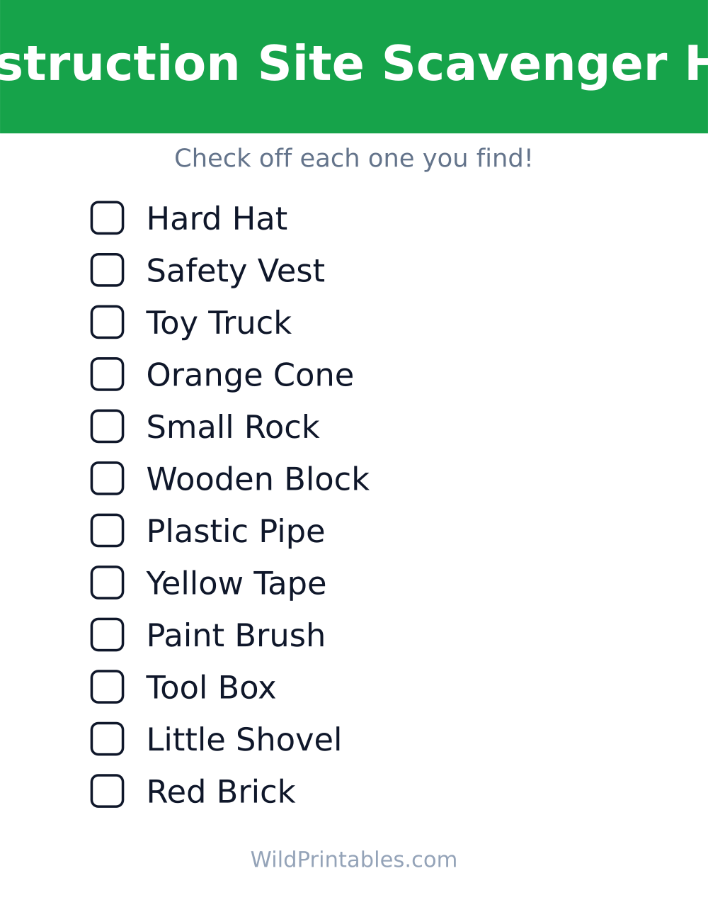 Construction Site Scavenger Hunt — free printable scavenger hunt for kids
