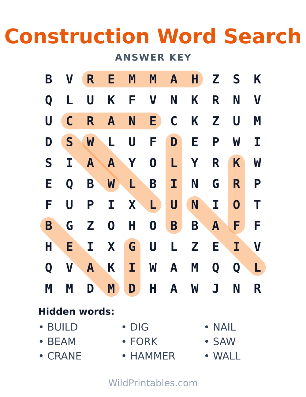 Construction Word Search — answer key