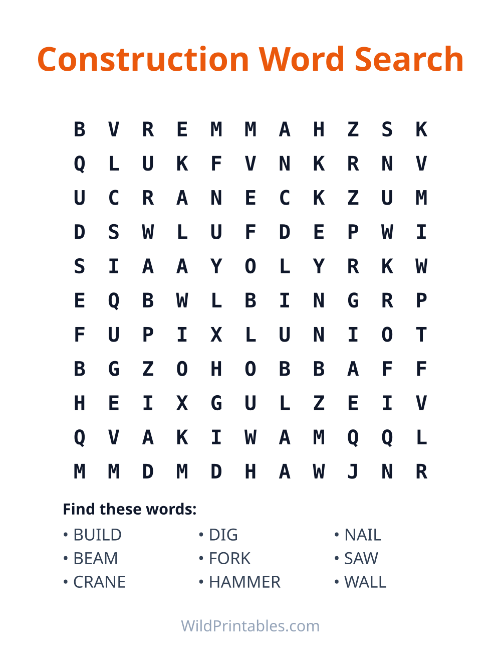 Construction Word Search — free printable word search for kids