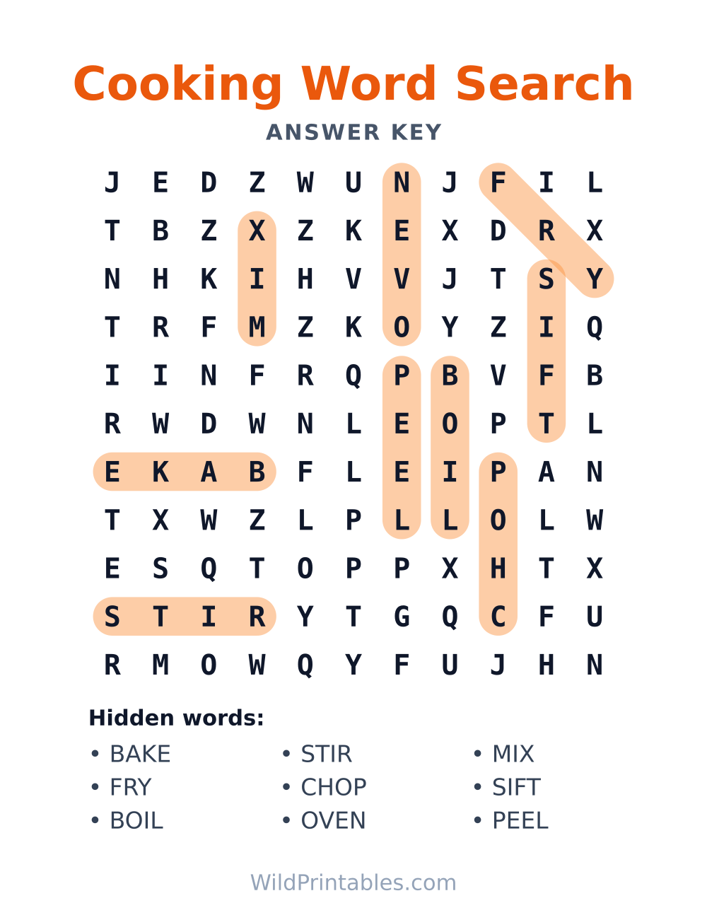 Cooking Word Search — answer key