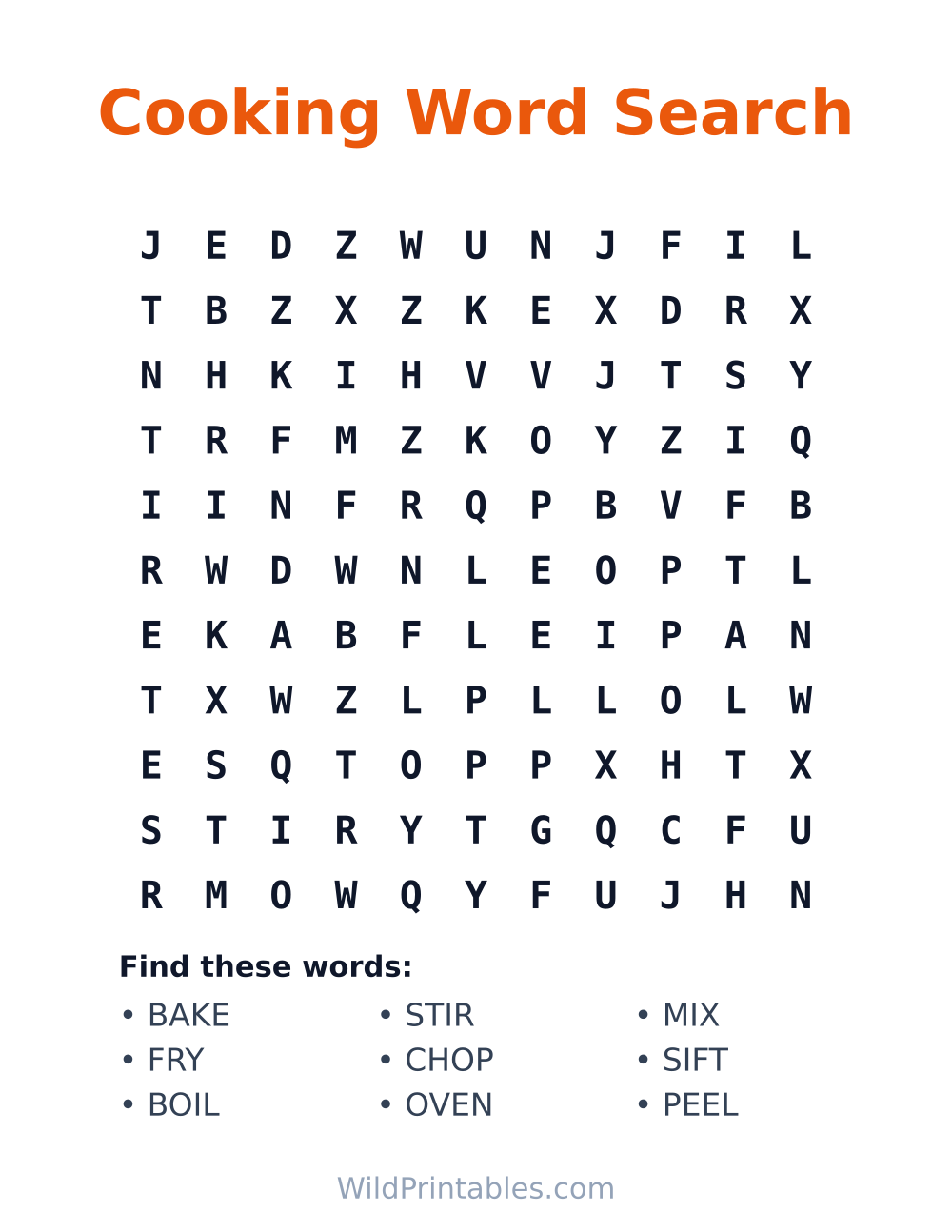 Cooking Word Search — free printable word search for kids
