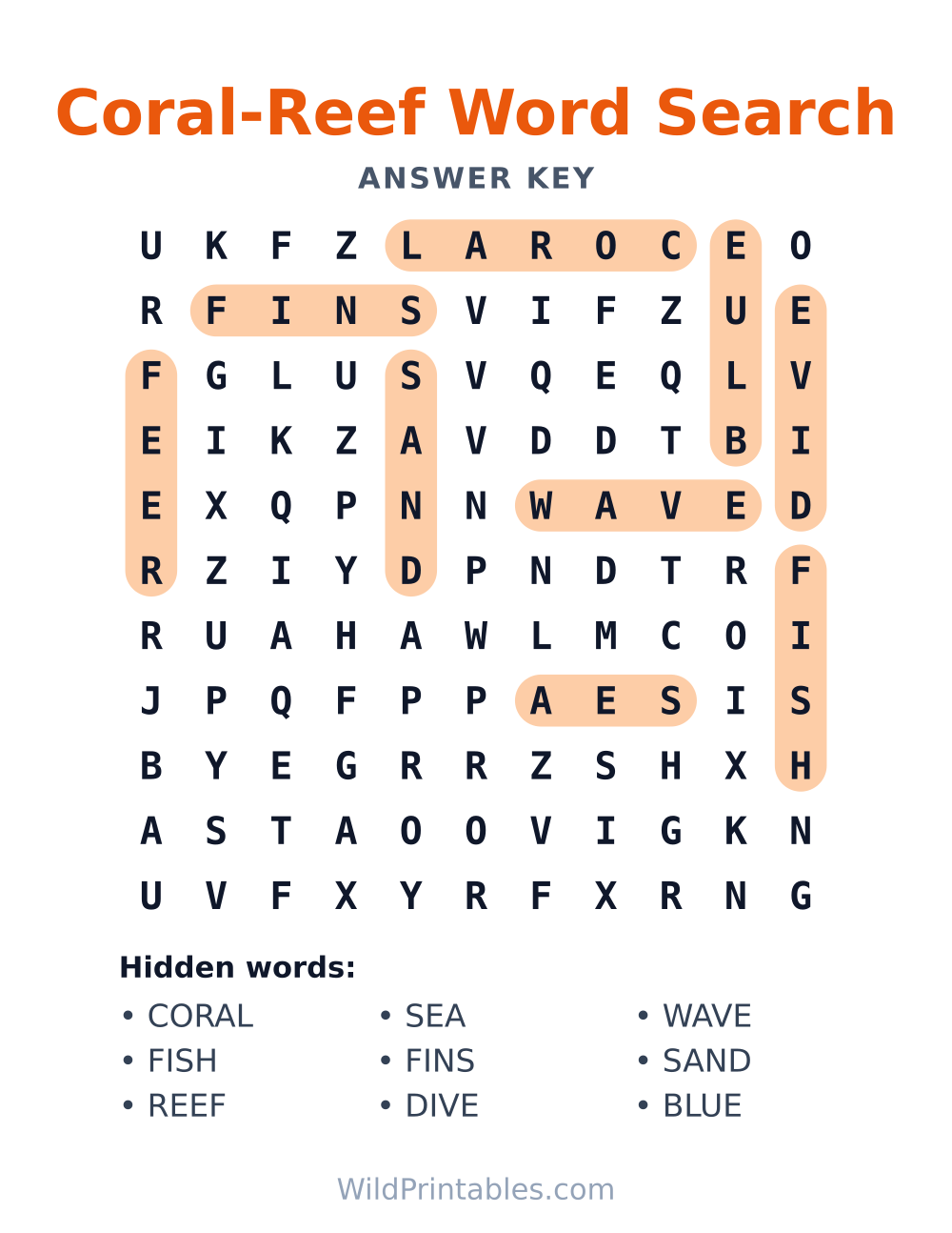 Coral-Reef Word Search — answer key
