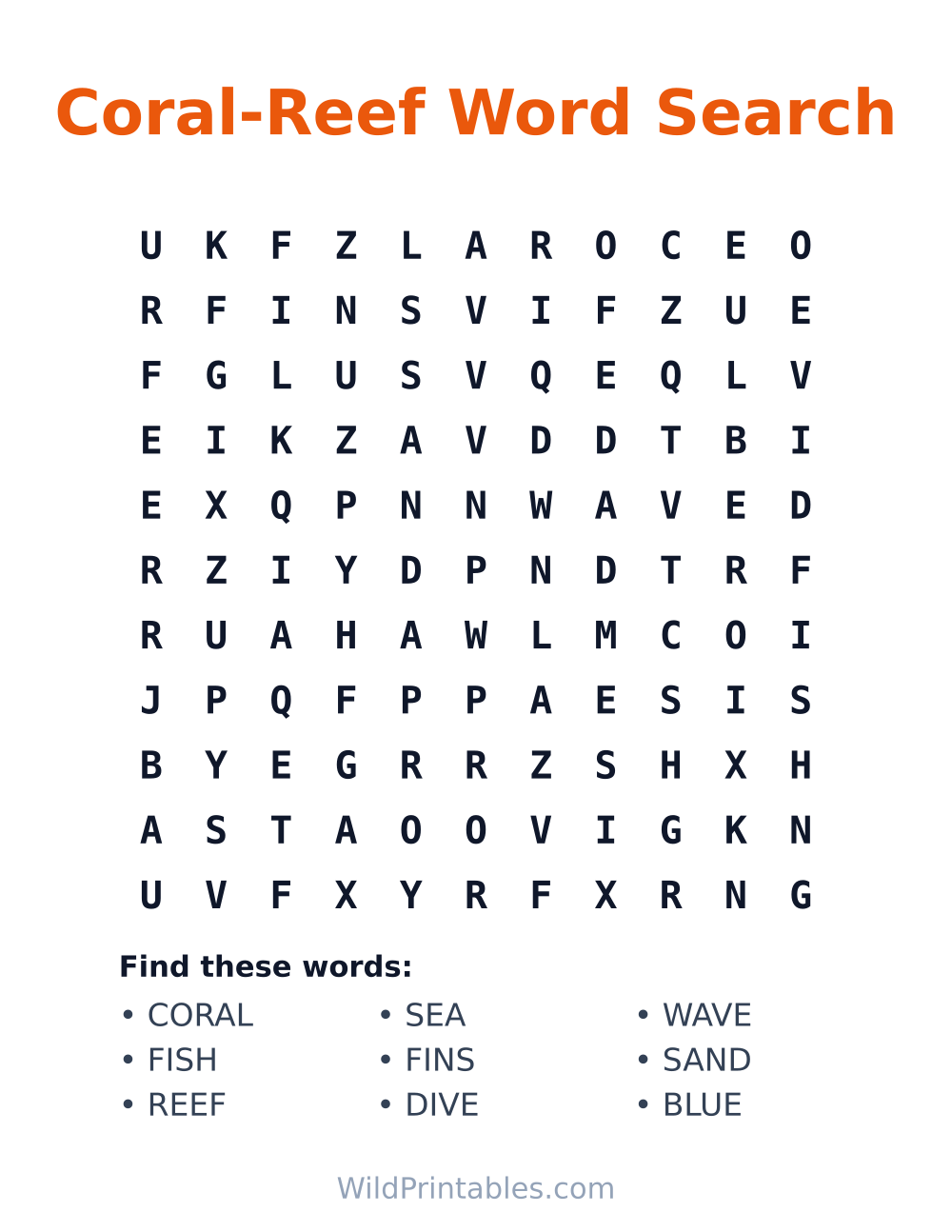 Coral-Reef Word Search — free printable word search for kids