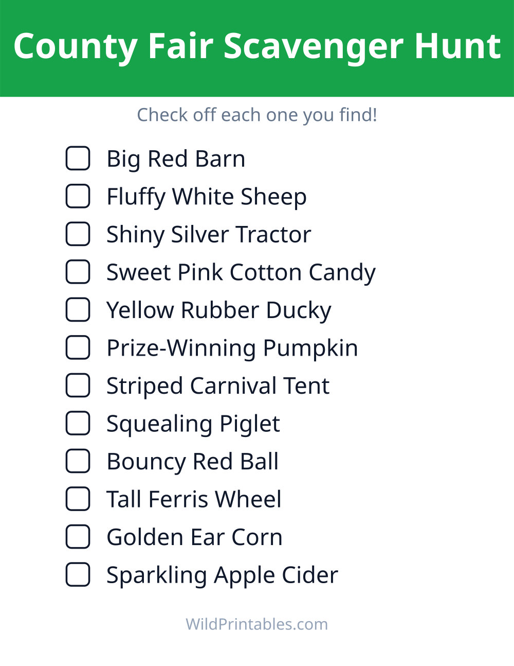 County Fair Scavenger Hunt — free printable scavenger hunt for kids to print and color at home