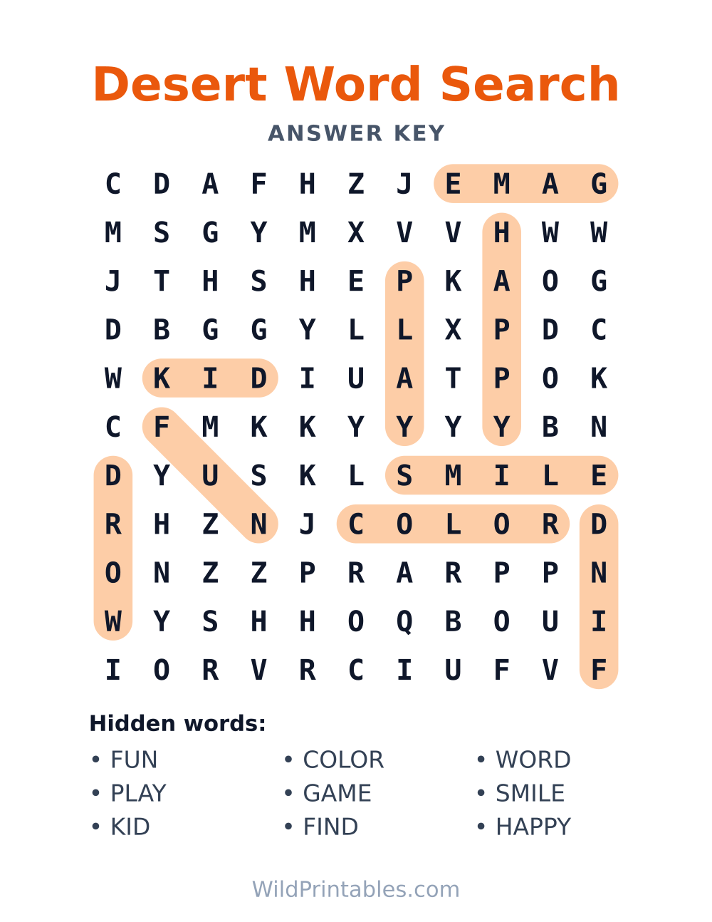 Desert Word Search — answer key