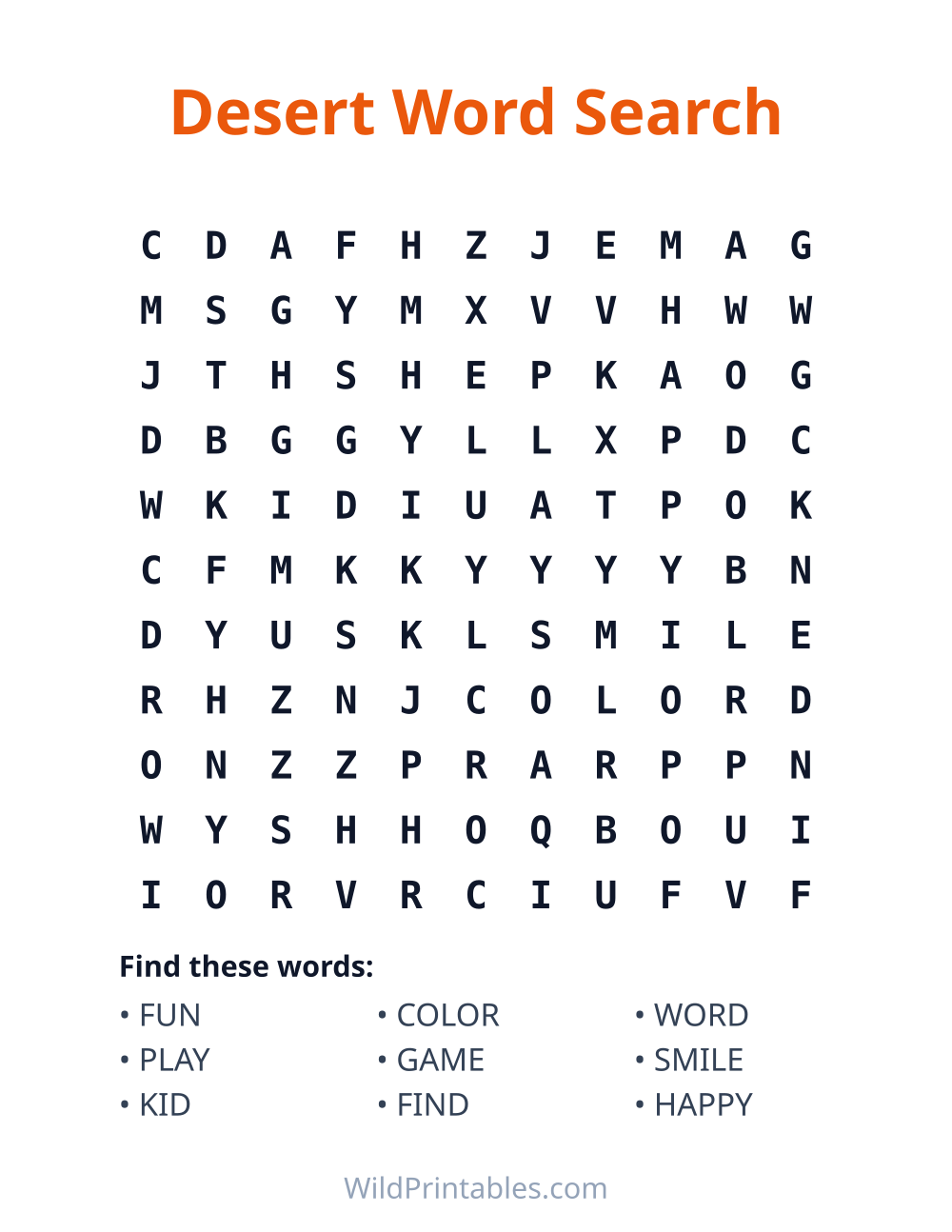 Desert Word Search — free printable word search for kids to print and color at home