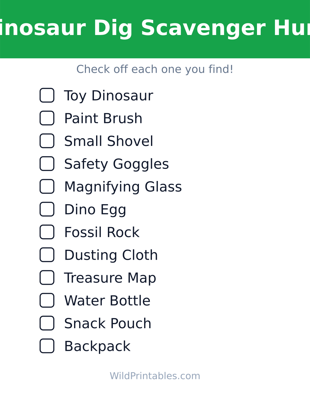 Dinosaur Dig Scavenger Hunt — free printable scavenger hunt for kids