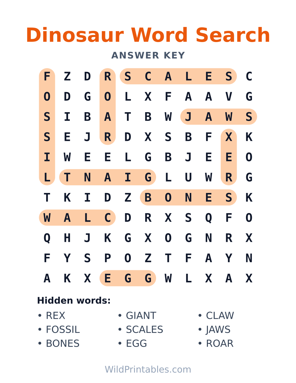 Dinosaur Word Search — answer key