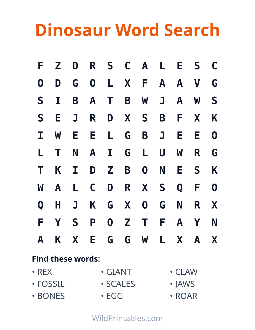 Dinosaur Word Search — free printable word search for kids to print and color at home