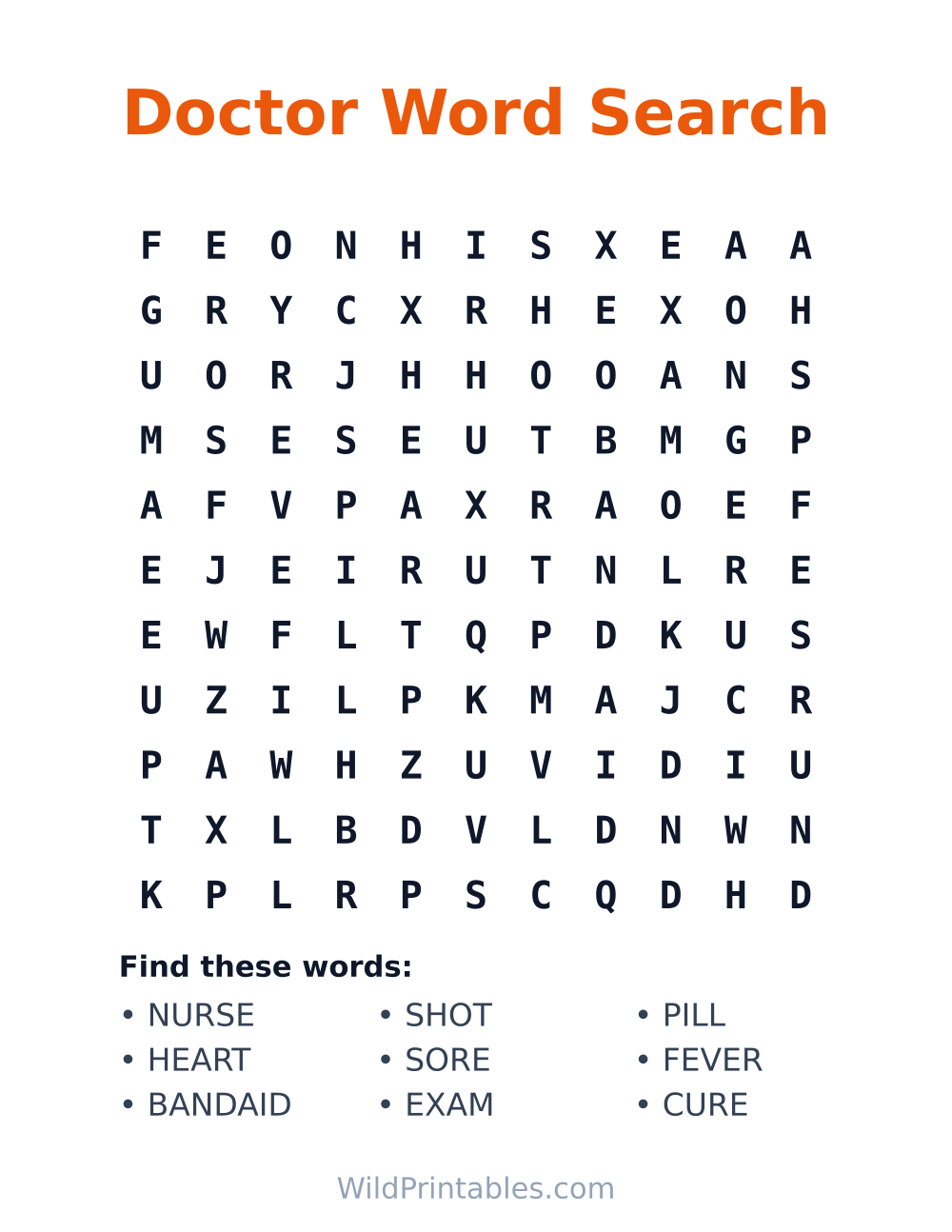 Doctor Word Search — free printable word search for kids to print and color at home