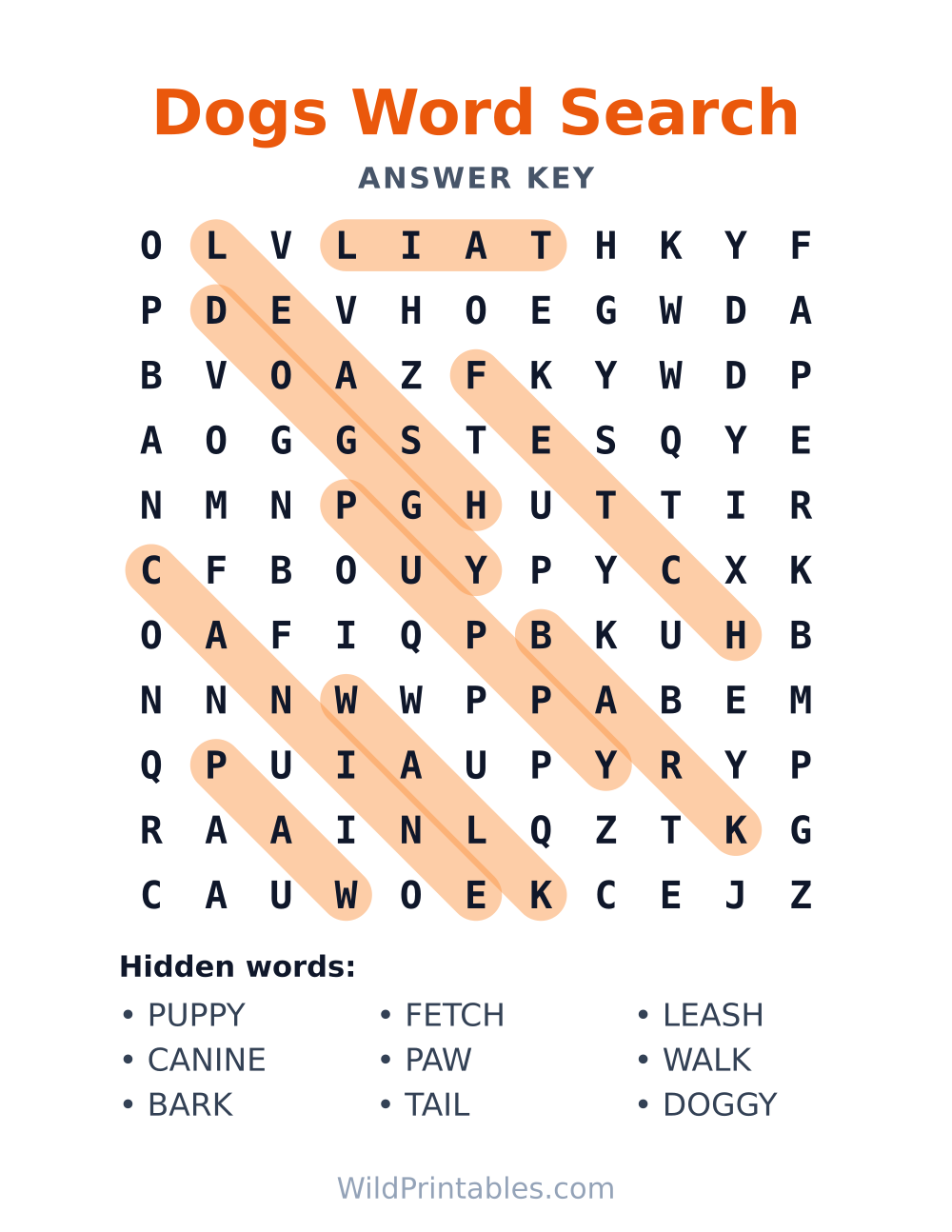 Dogs Word Search — answer key
