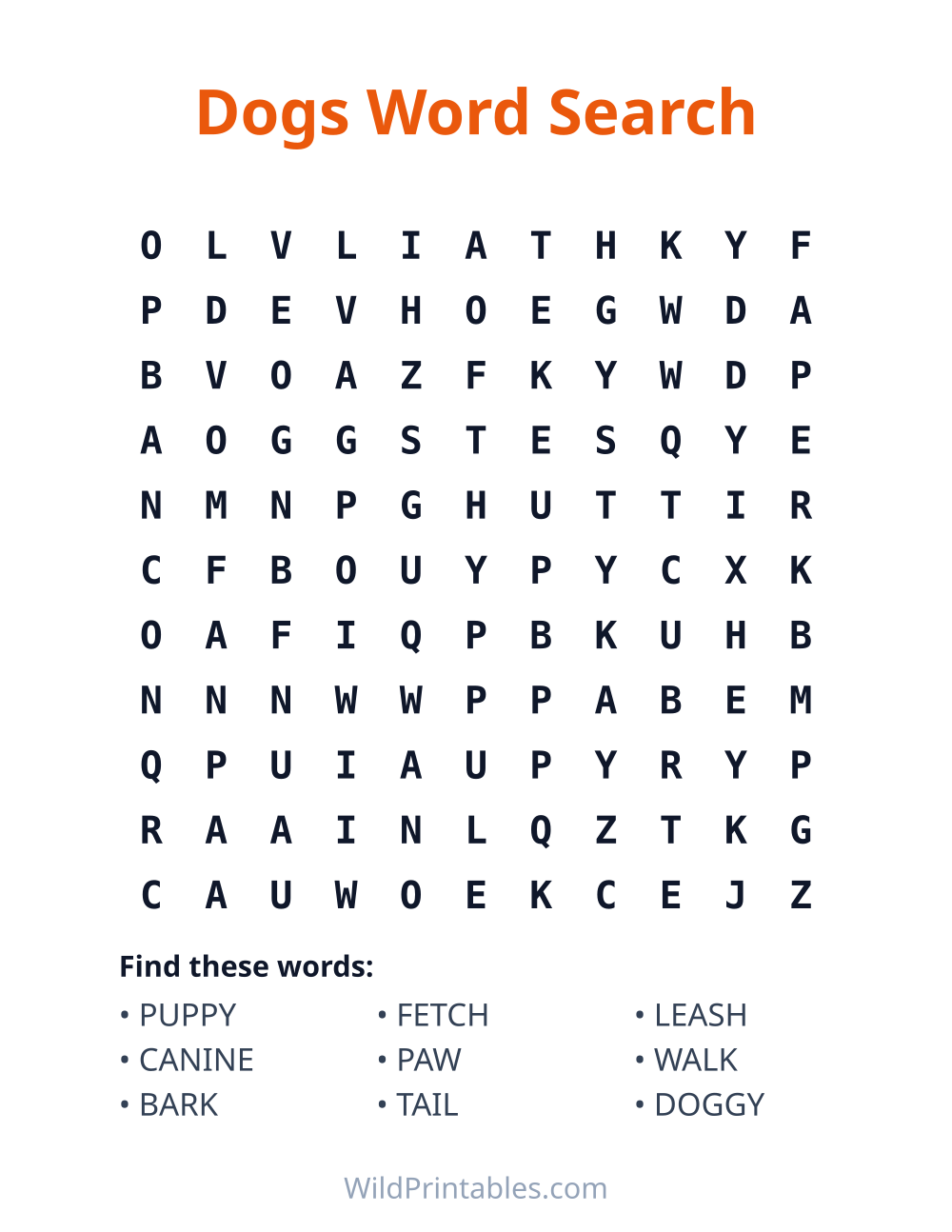 Dogs Word Search — free printable word search for kids to print and color at home