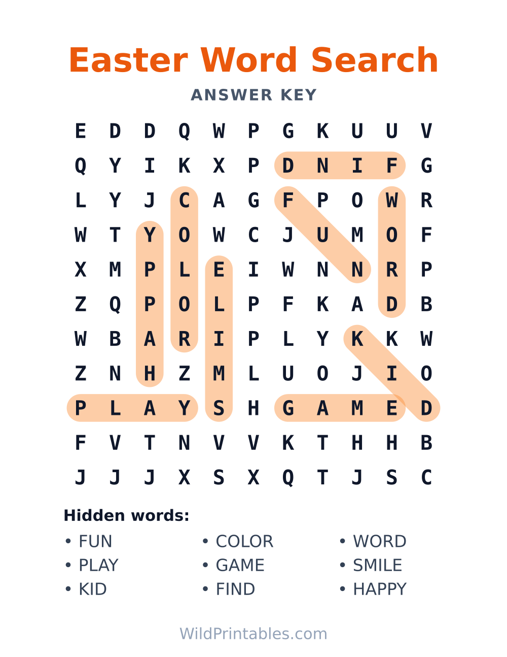 Easter Word Search — answer key