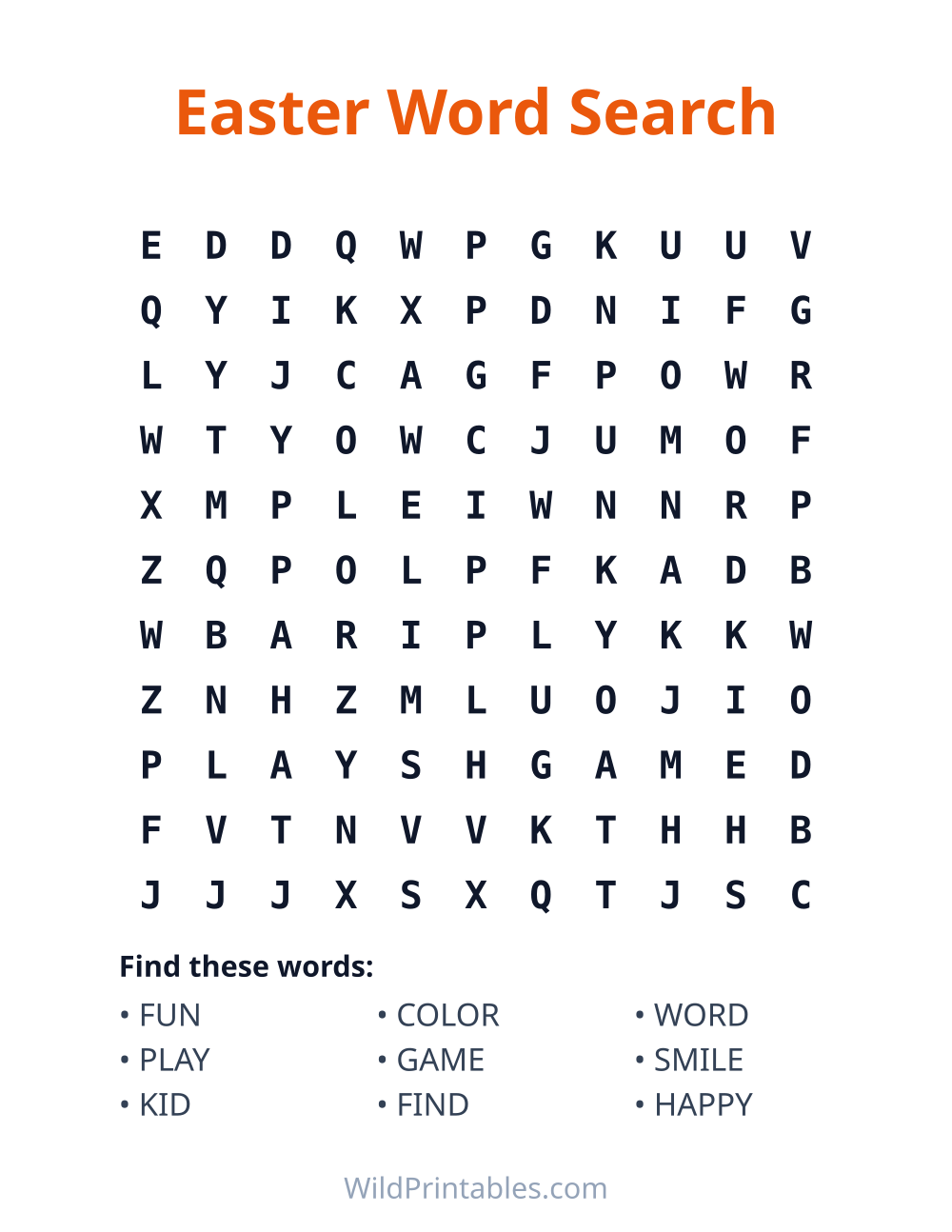 Easter Word Search — free printable word search for kids
