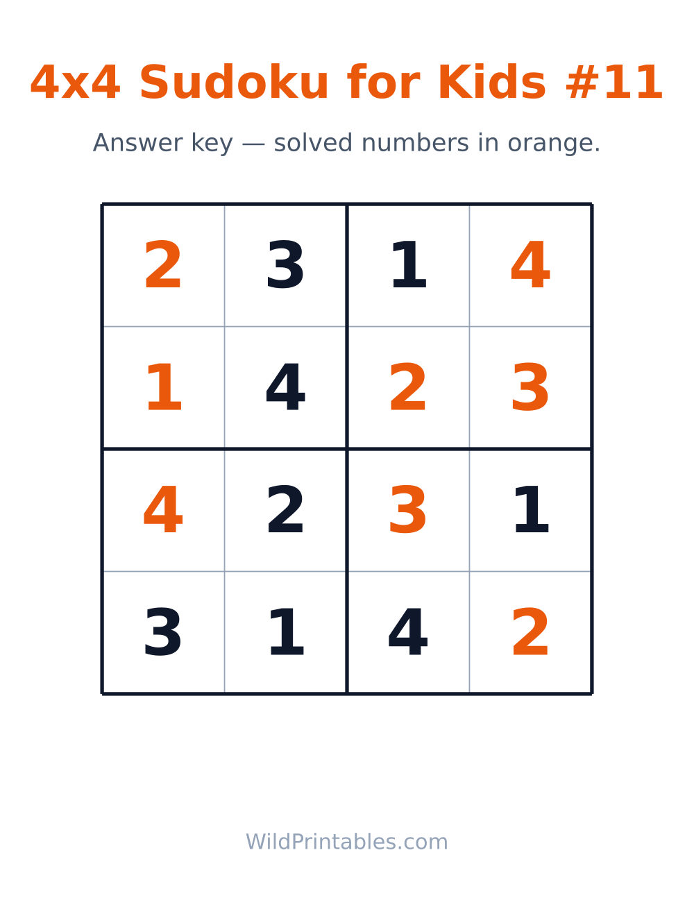 4x4 Sudoku for Kids #11 — answer key
