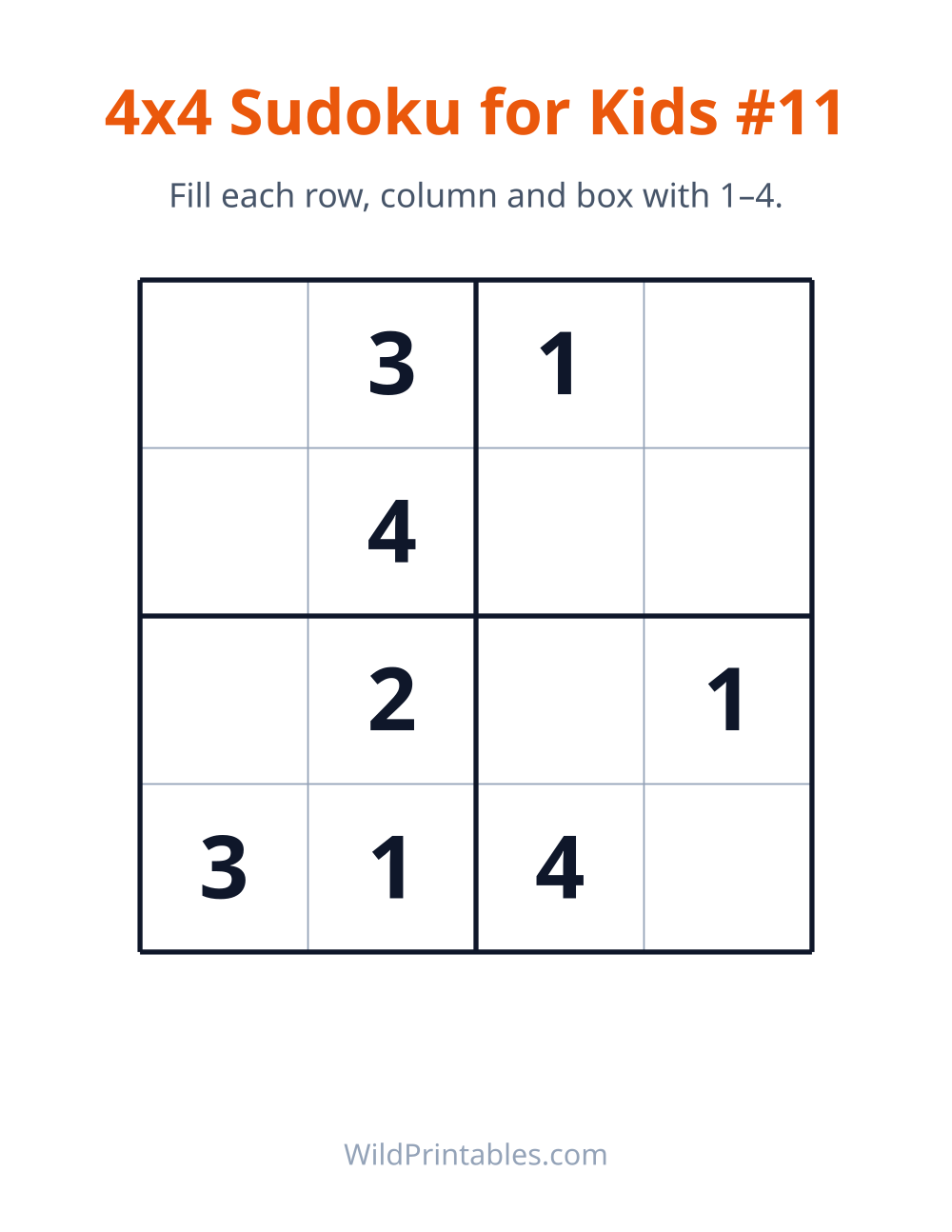 4x4 Sudoku for Kids #11 — free printable sudoku for kids