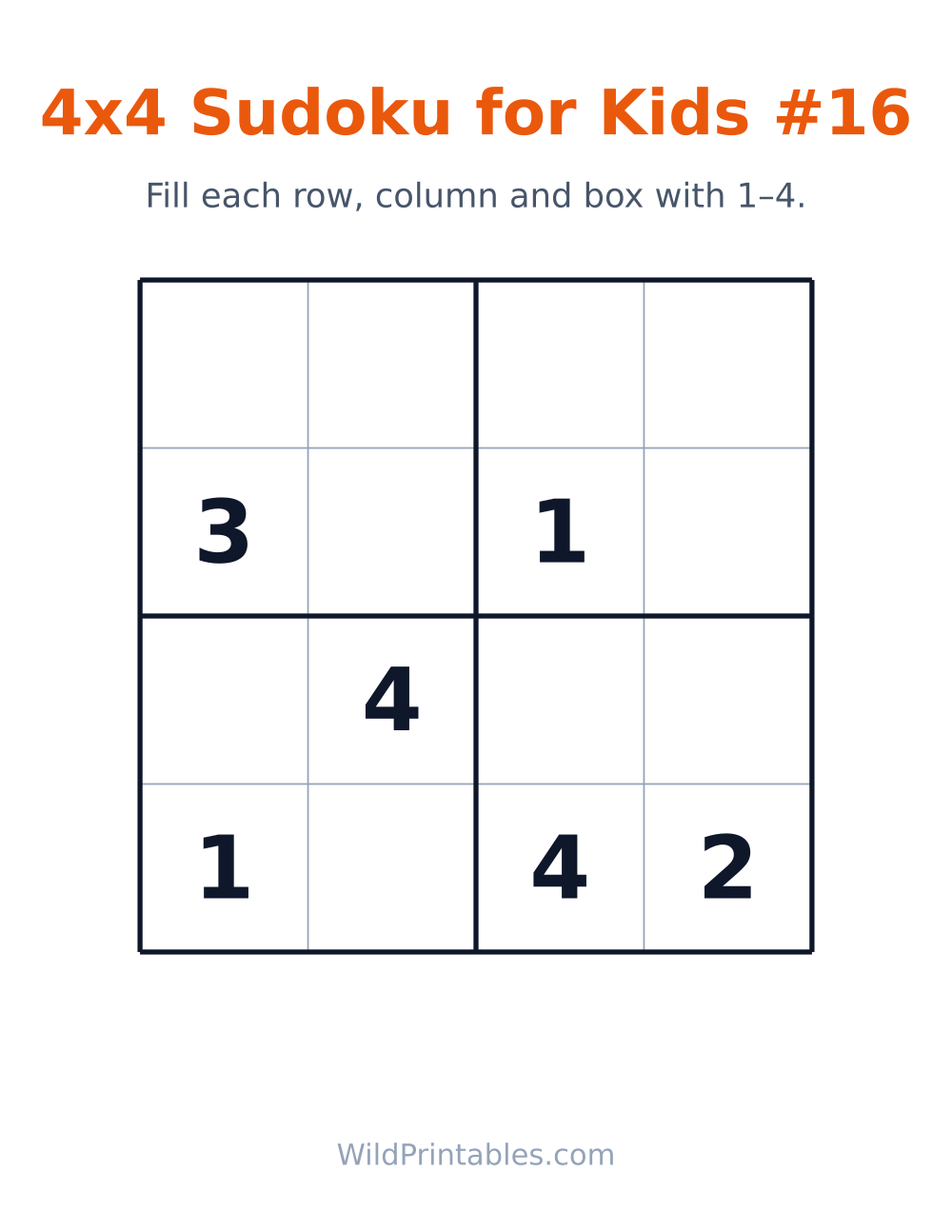 4x4 Sudoku for Kids #16 — free printable sudoku for kids to print and color at home