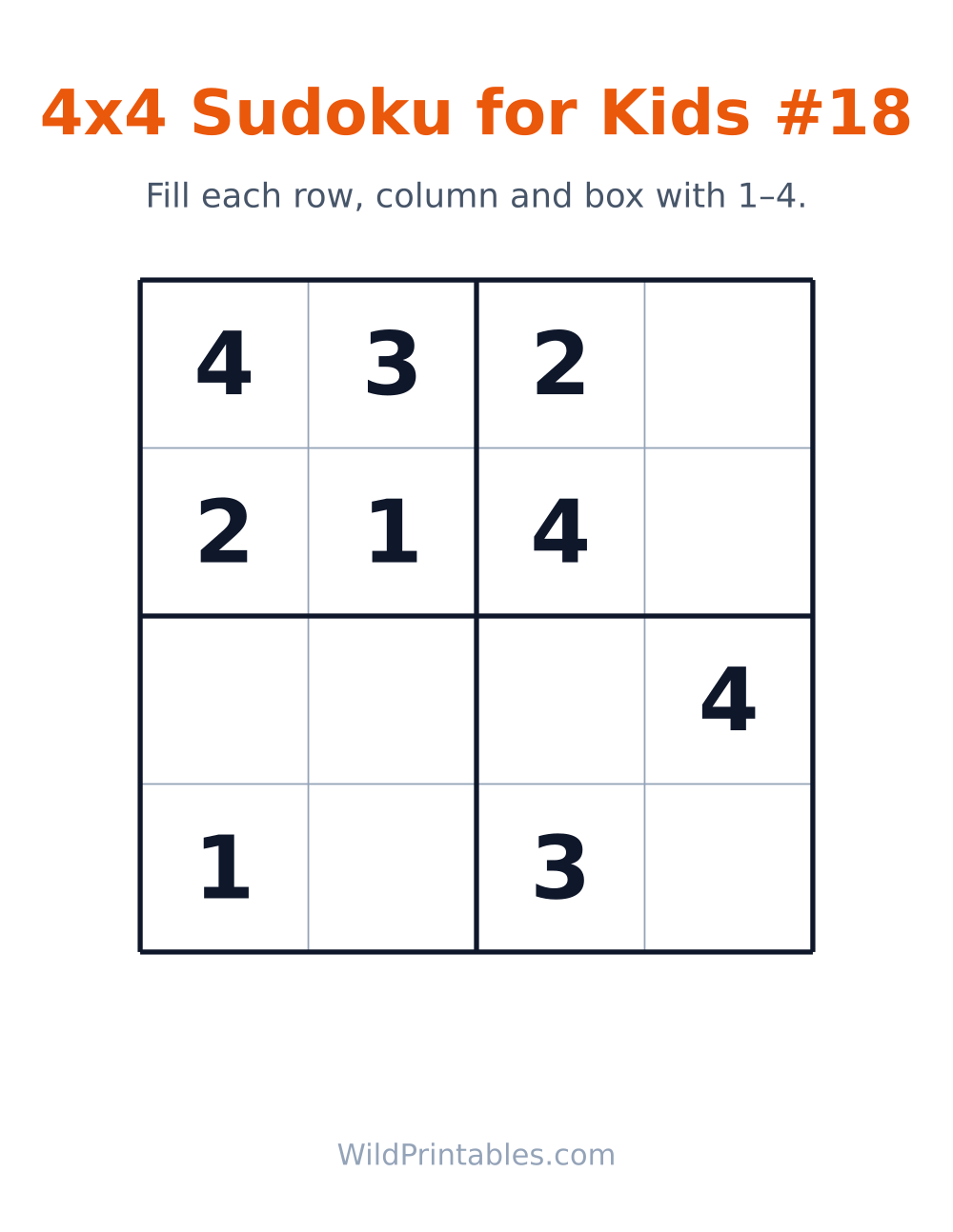 4x4 Sudoku for Kids #18 — free printable sudoku for kids to print and color at home