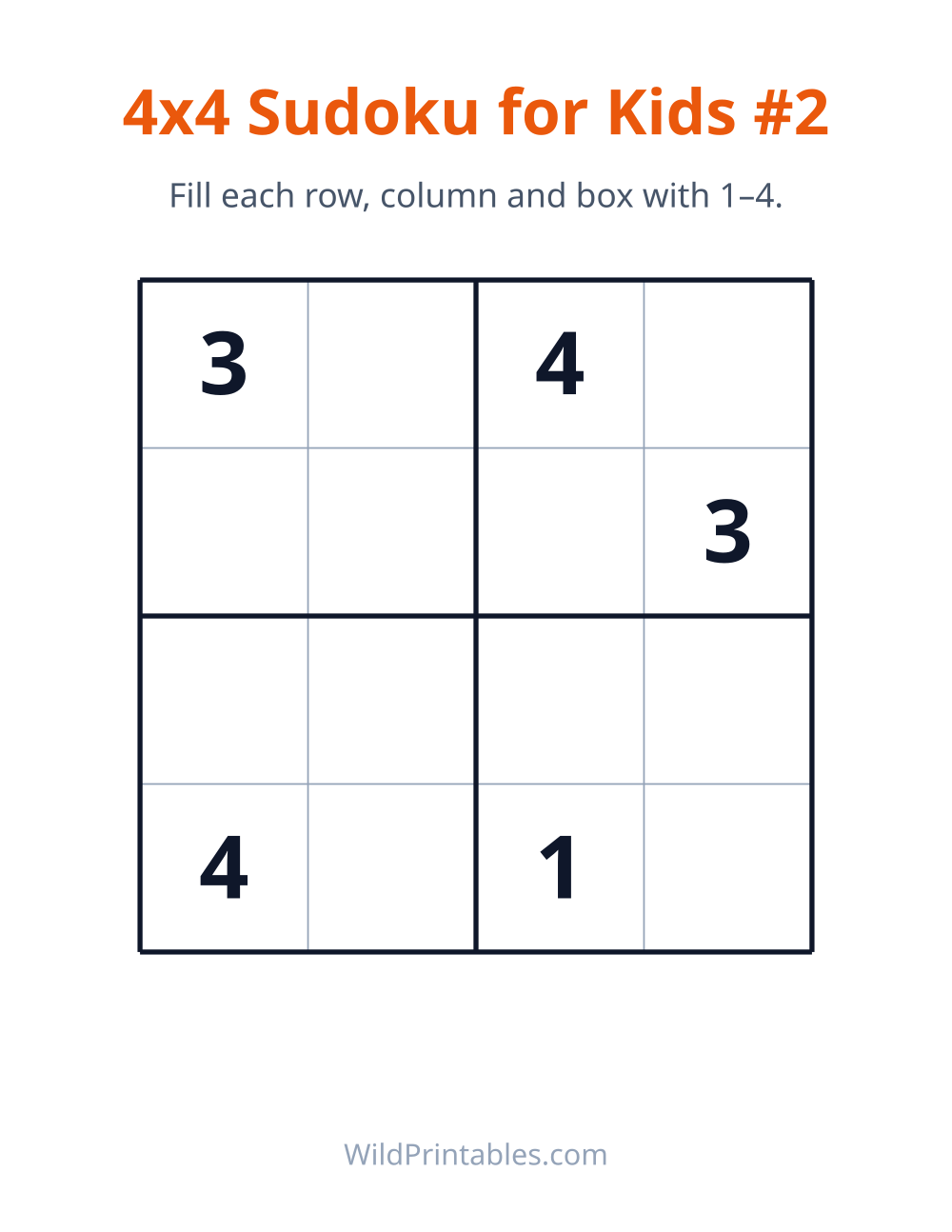 4x4 Sudoku for Kids #2 — free printable sudoku for kids to print and color at home