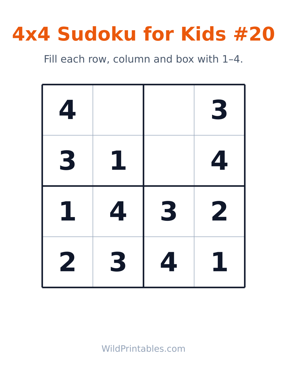 4x4 Sudoku for Kids #20 — free printable sudoku for kids to print and color at home