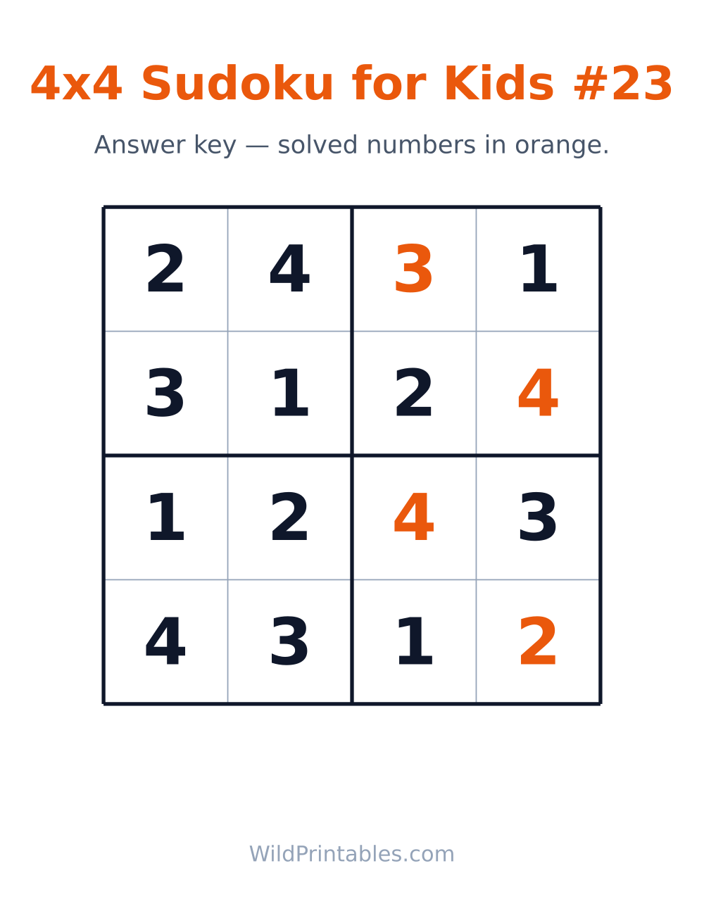 4x4 Sudoku for Kids #23 — answer key